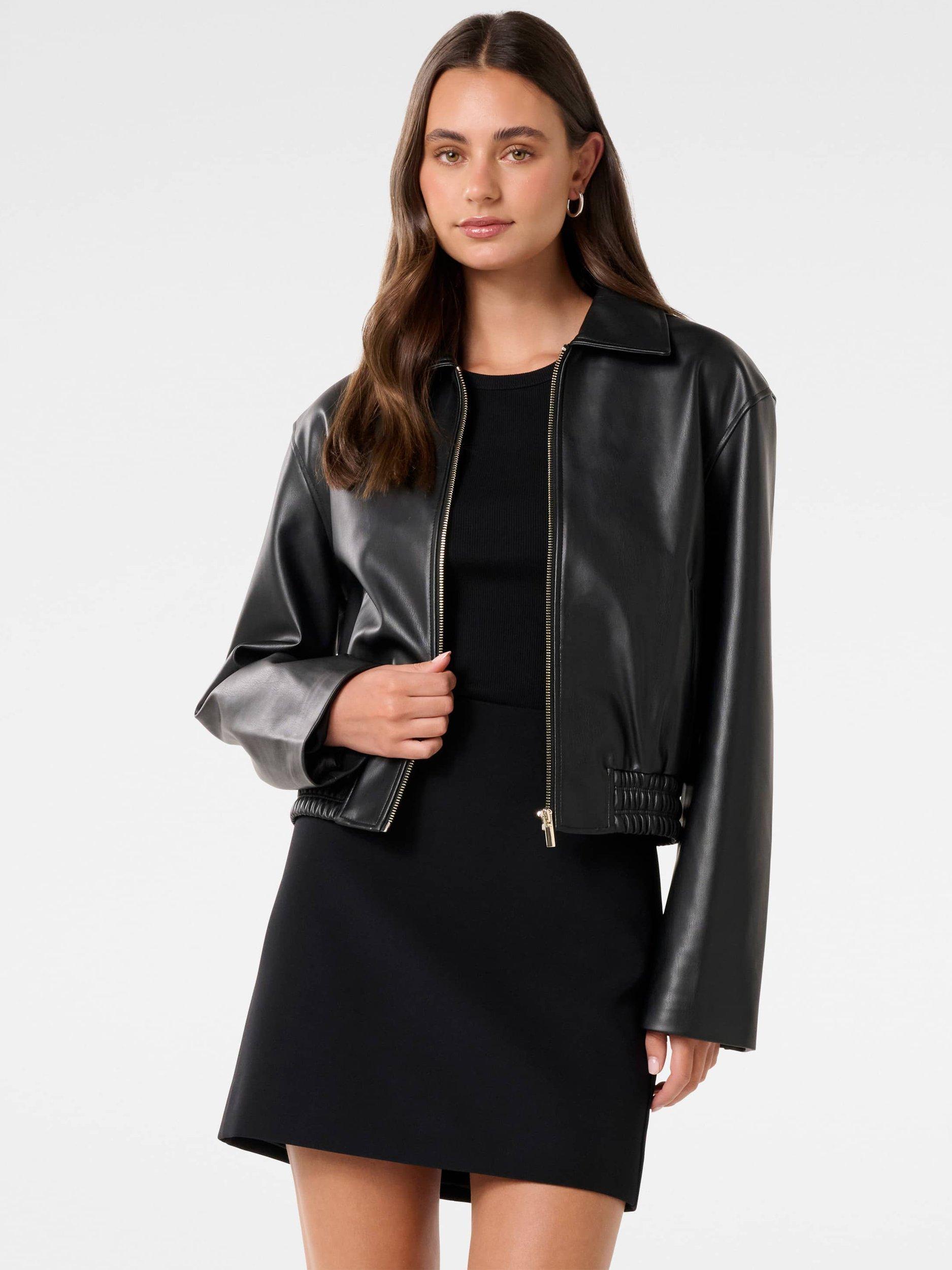 Product image 1 of 5, which shows Forever New Melinda Faux Leather Bomber Jacket, Black, 4