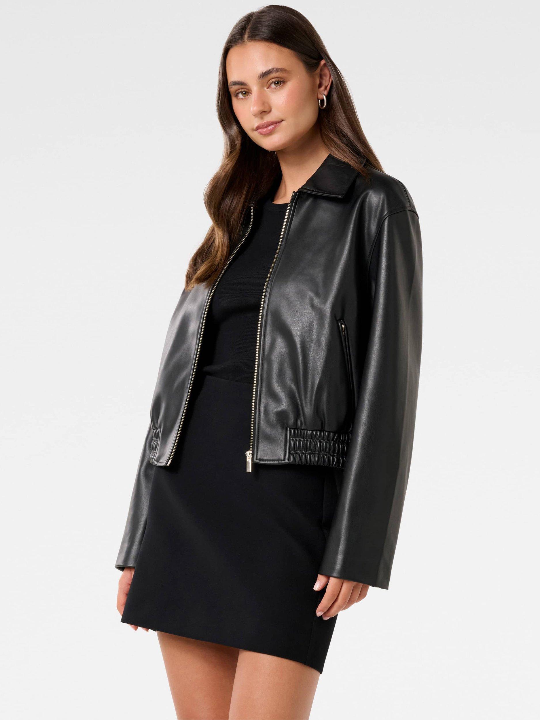 Product image 3 of 5, which shows Forever New Melinda Faux Leather Bomber Jacket, Black, 4