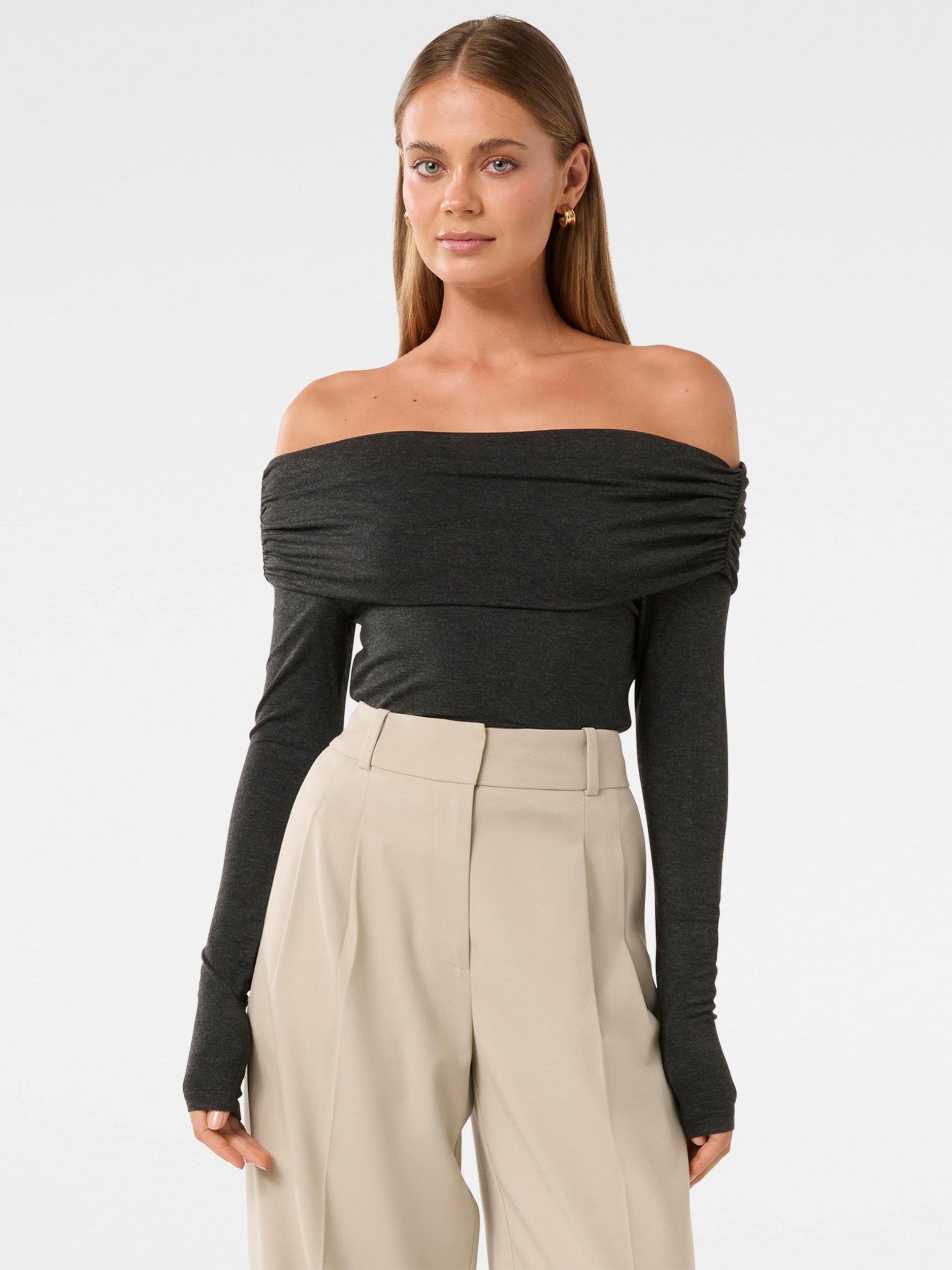 Product image 1 of 5, which shows Forever New Kyla Ruched Bardot Top, Midnight Grey Marle, L
