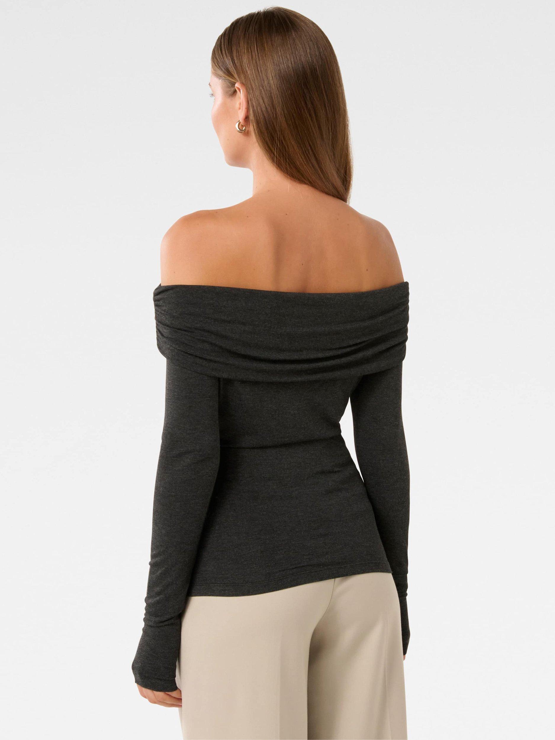 Product image 2 of 5, which shows Forever New Kyla Ruched Bardot Top, Midnight Grey Marle, L