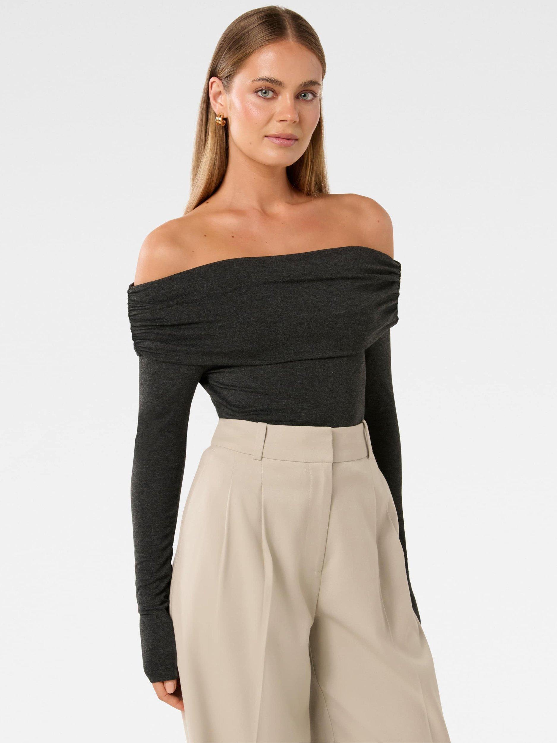 Product image 3 of 5, which shows Forever New Kyla Ruched Bardot Top, Midnight Grey Marle, L