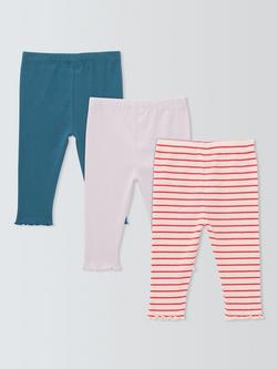 John Lewis Baby Ribbed Plain/Stripe Leggings, Pack of 3, Red - view 2, Red