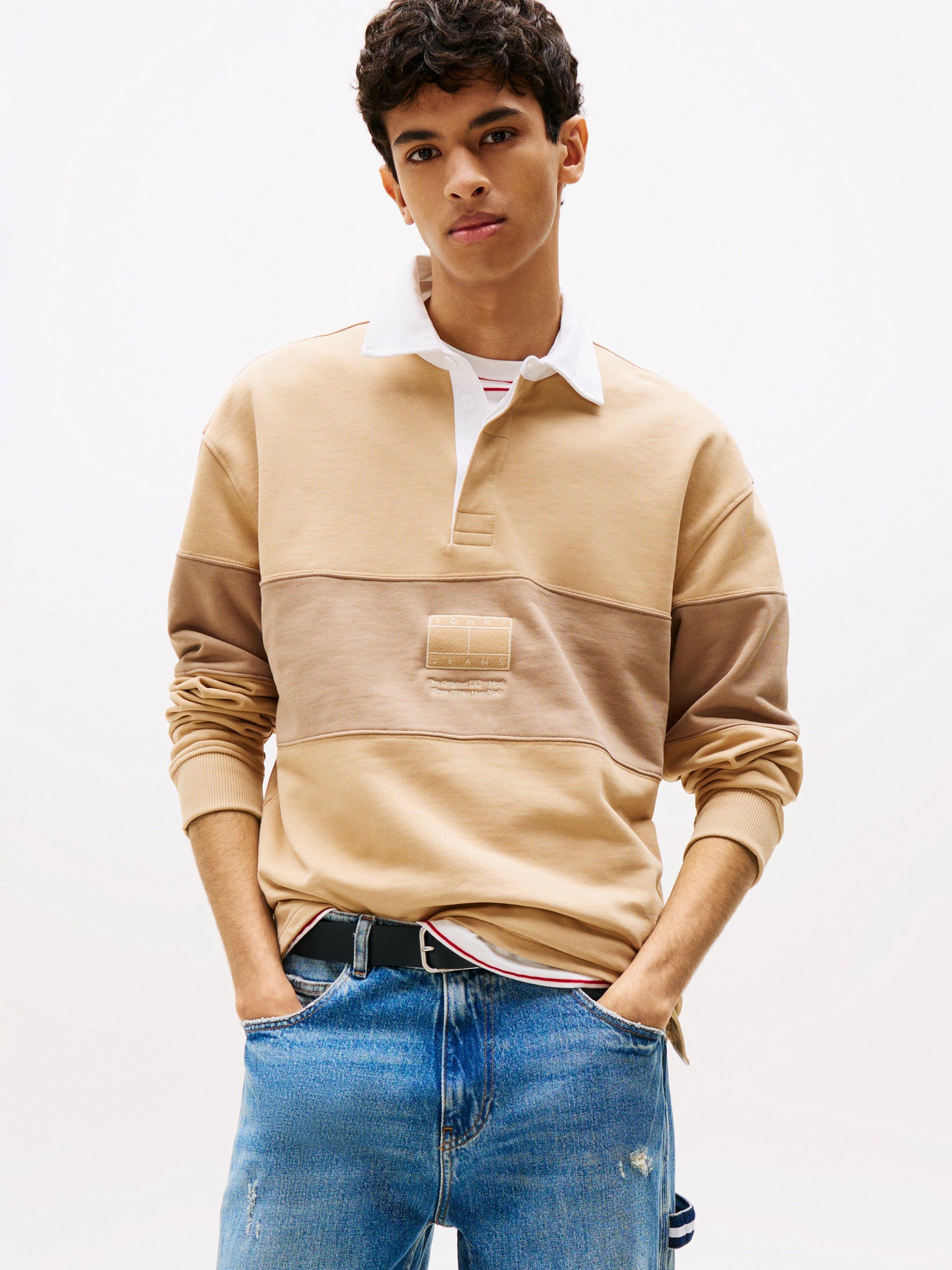 Product image 1 of 5, which shows Tommy Jeans Relaxed Tonal Stripe Rugby Shirt, Tawny Sand, S