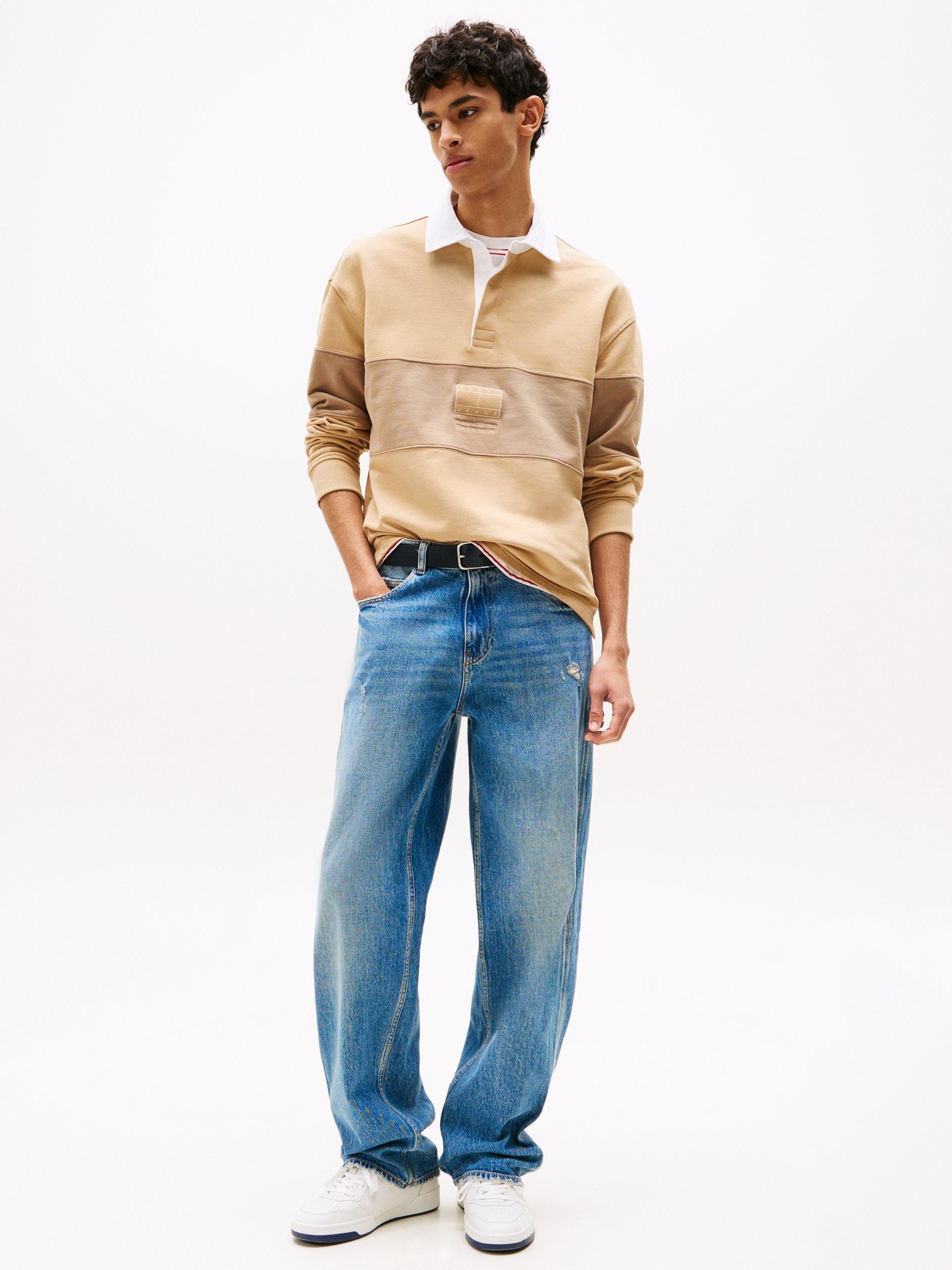 Product image 3 of 5, which shows Tommy Jeans Relaxed Tonal Stripe Rugby Shirt, Tawny Sand, S