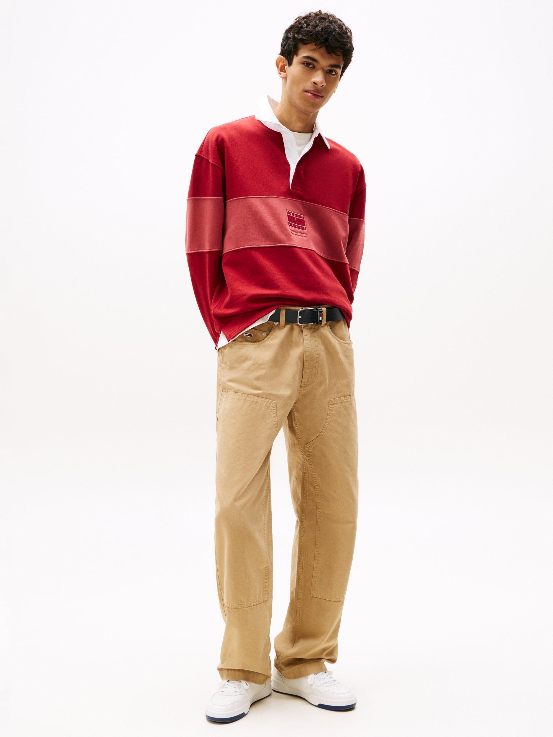 Product image 3 of 5, which shows Tommy Jeans Relaxed Tonal Stripe Rugby Shirt, Magma Red, M