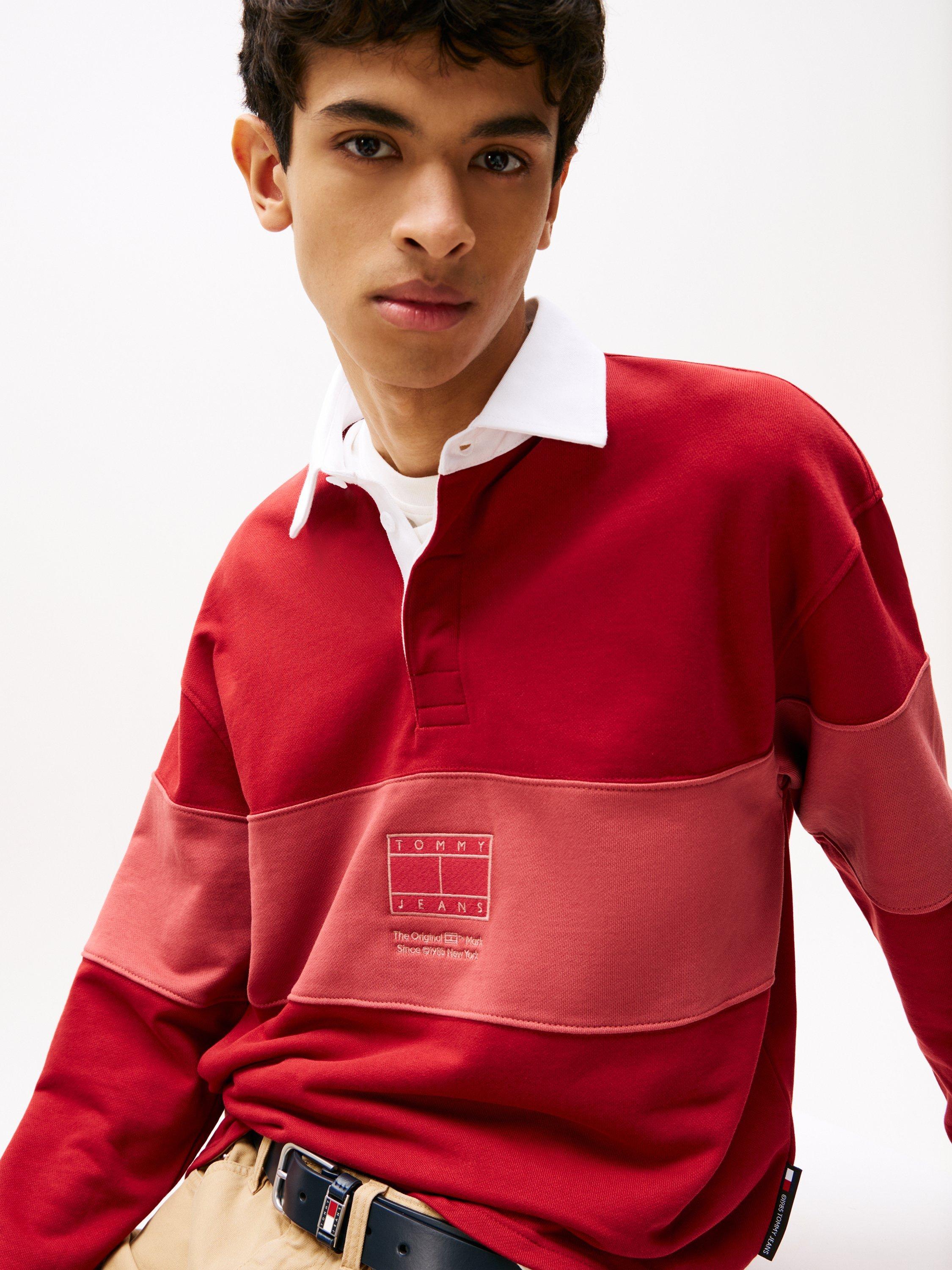 Product image 4 of 5, which shows Tommy Jeans Relaxed Tonal Stripe Rugby Shirt, Magma Red, M