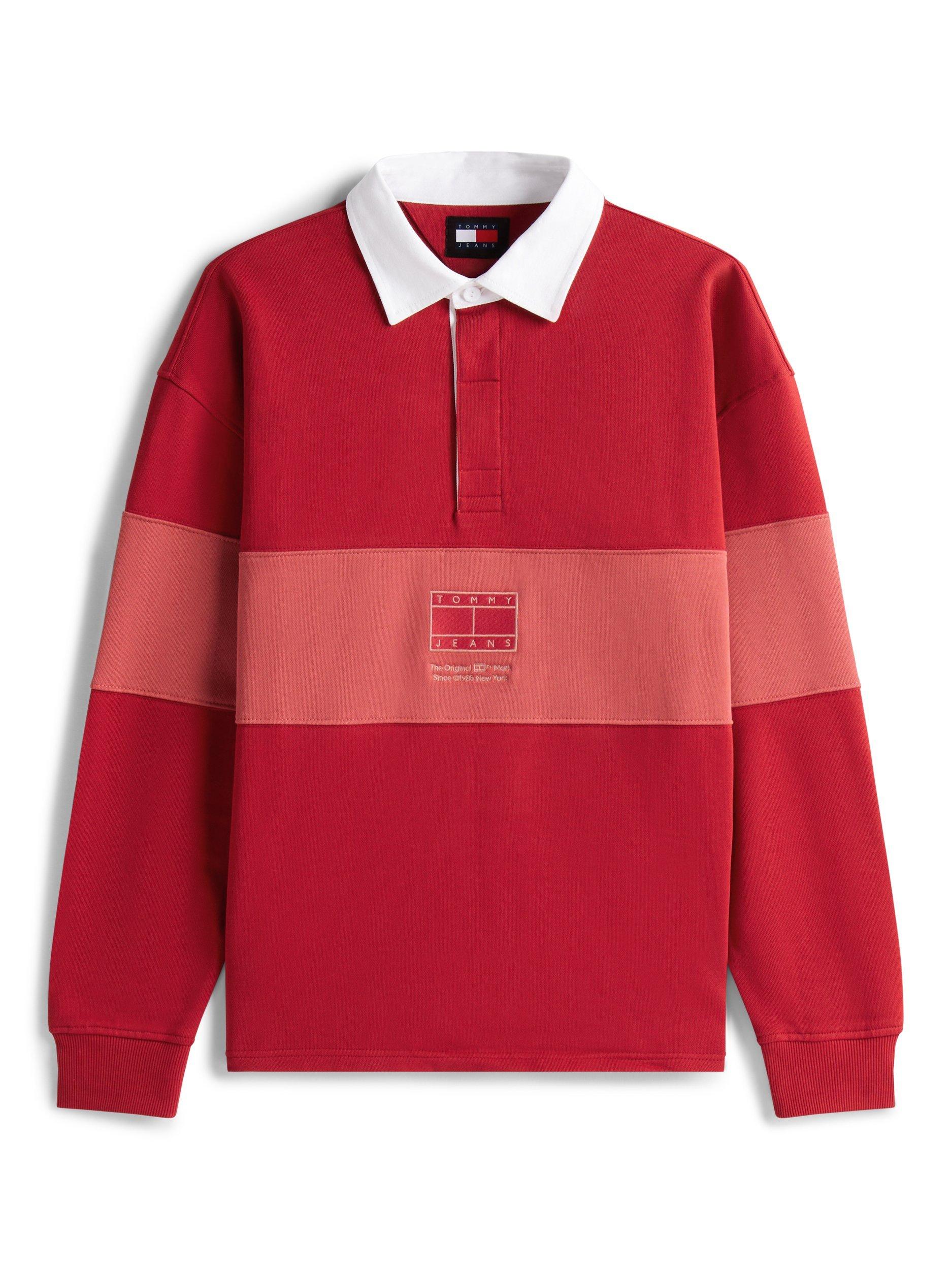 Product image 5 of 5, which shows Tommy Jeans Relaxed Tonal Stripe Rugby Shirt, Magma Red, M