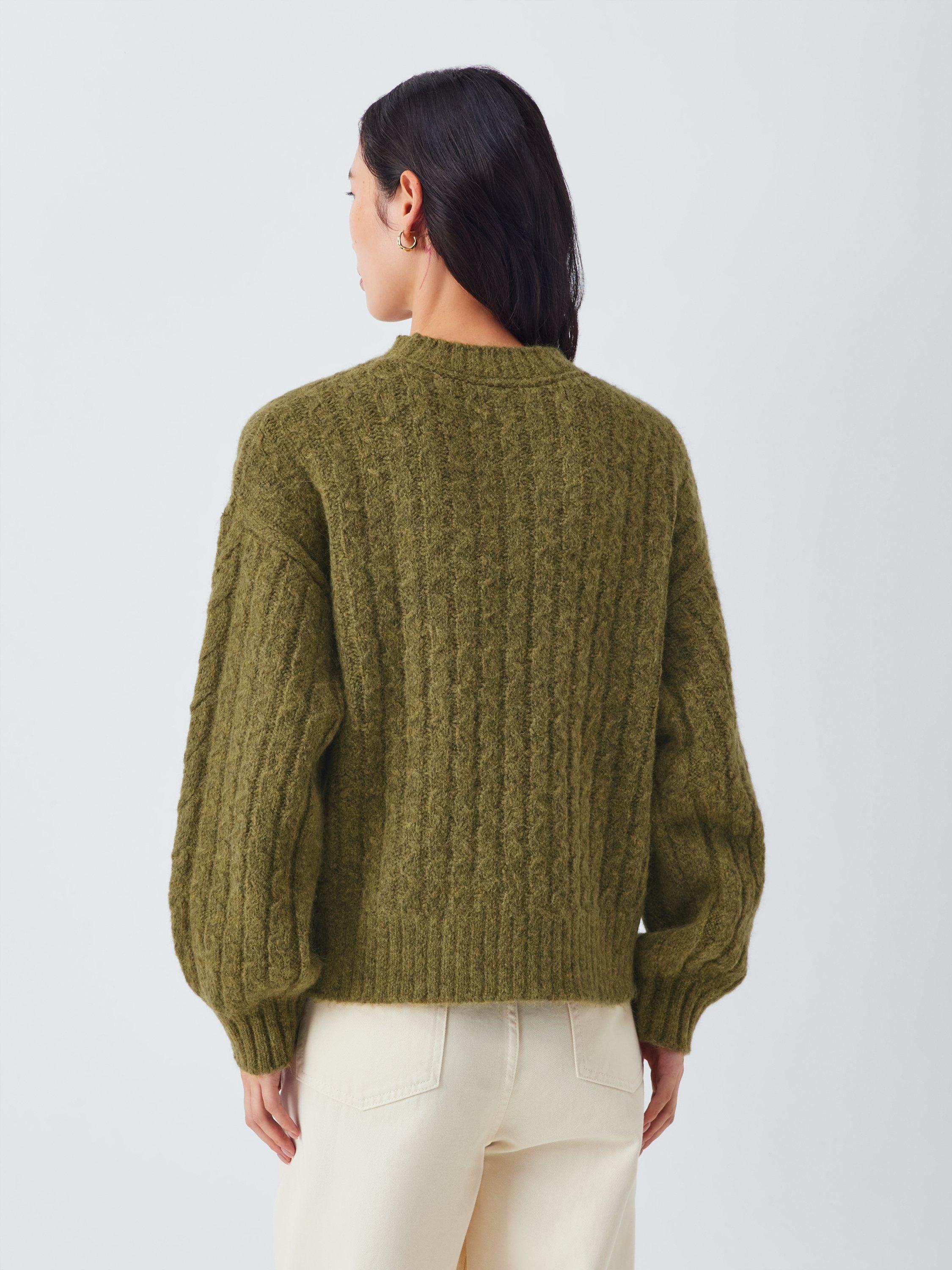 Product image 2 of 6, which shows AND/OR Cable Knit Wool Rich Jumper, Olive, S