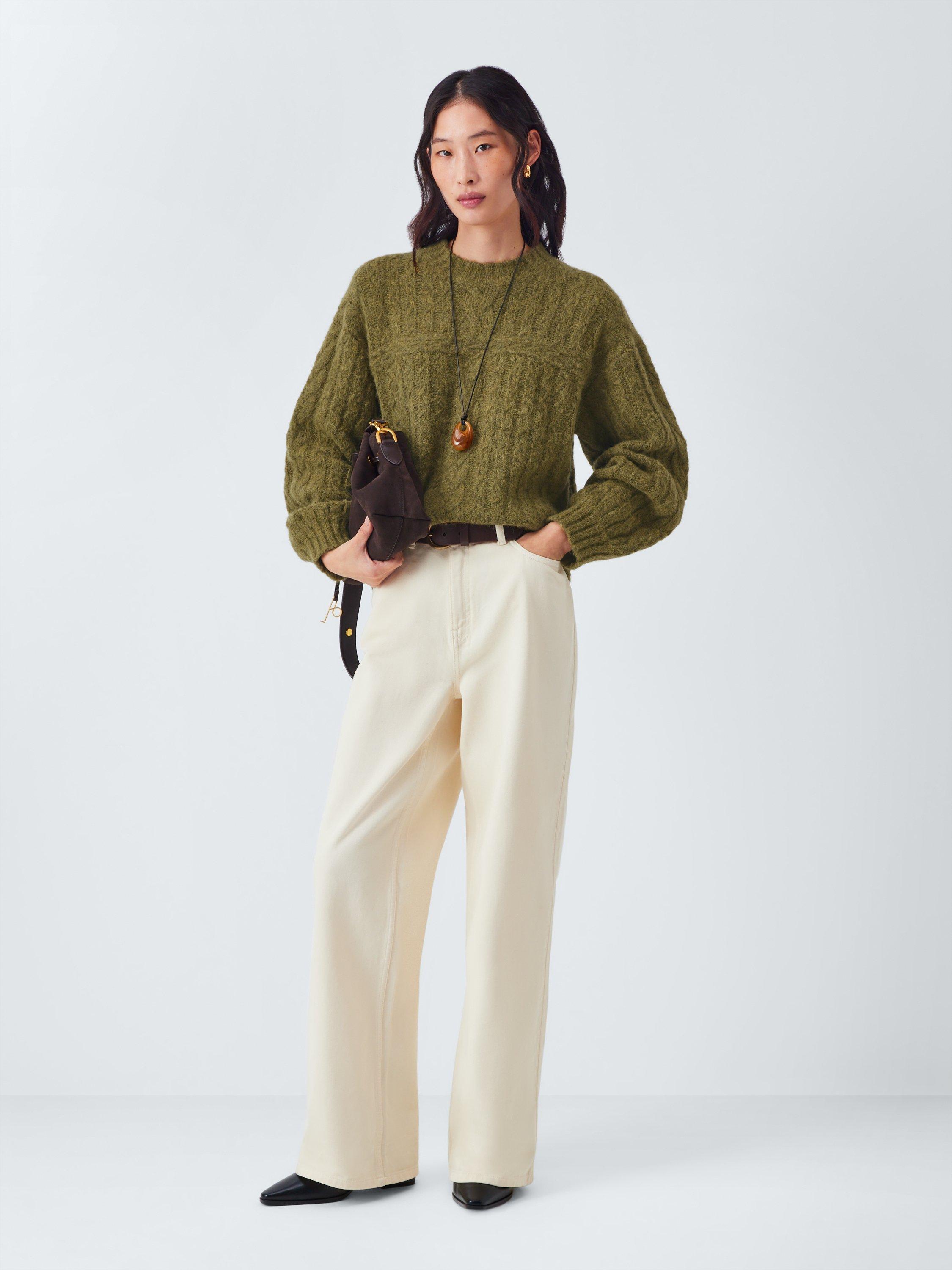 Product image 3 of 6, which shows AND/OR Cable Knit Wool Rich Jumper, Olive, S