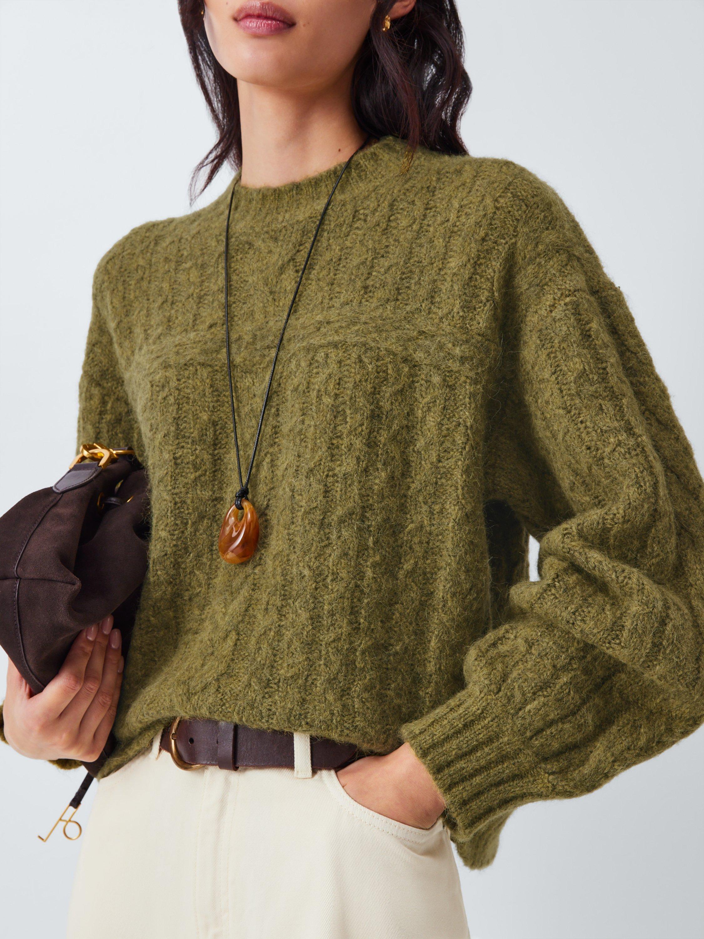 Product image 6 of 6, which shows AND/OR Cable Knit Wool Rich Jumper, Olive, S