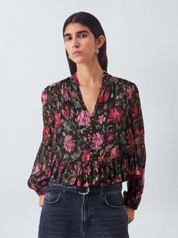 AND/OR Floral Metallic Crop Ruffle Top, Black/Pink, Black/Pink