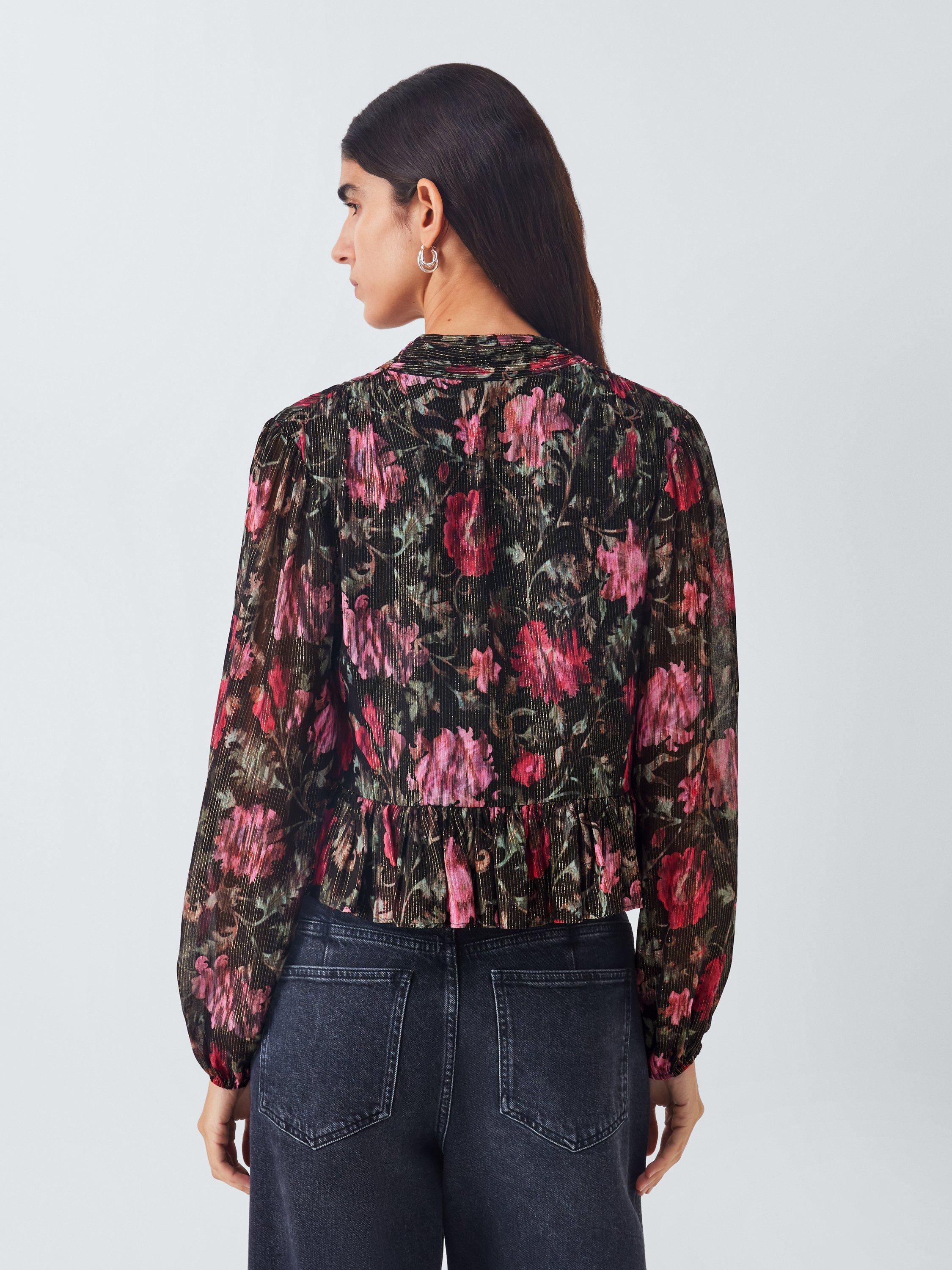 Product image 2 of 6, which shows AND/OR Floral Metallic Crop Ruffle Top, Black/Pink, 6