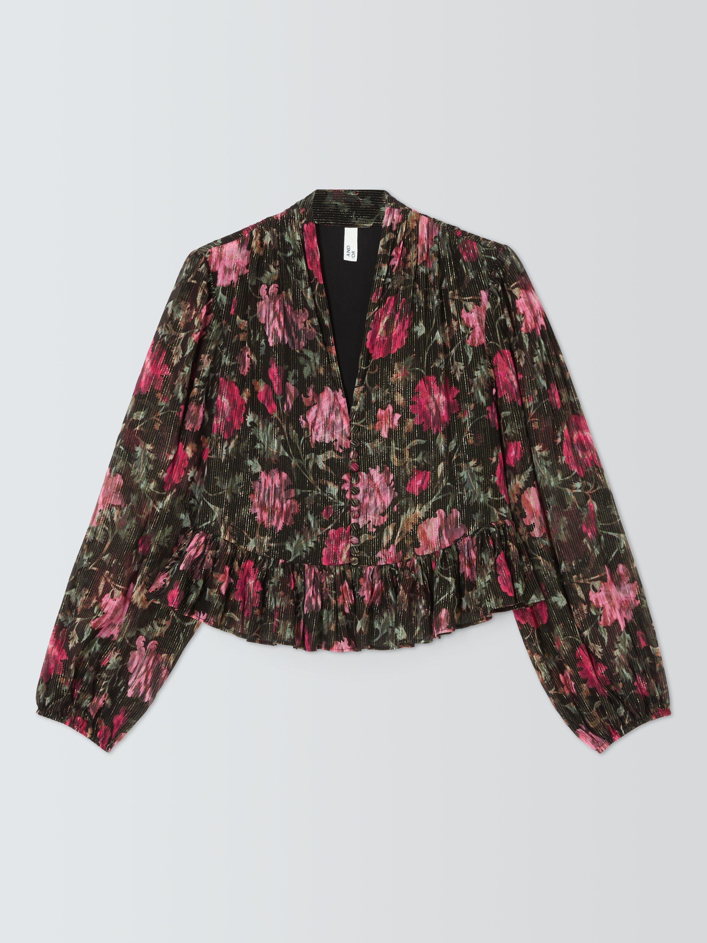 Product image 4 of 6, which shows AND/OR Floral Metallic Crop Ruffle Top, Black/Pink, 6