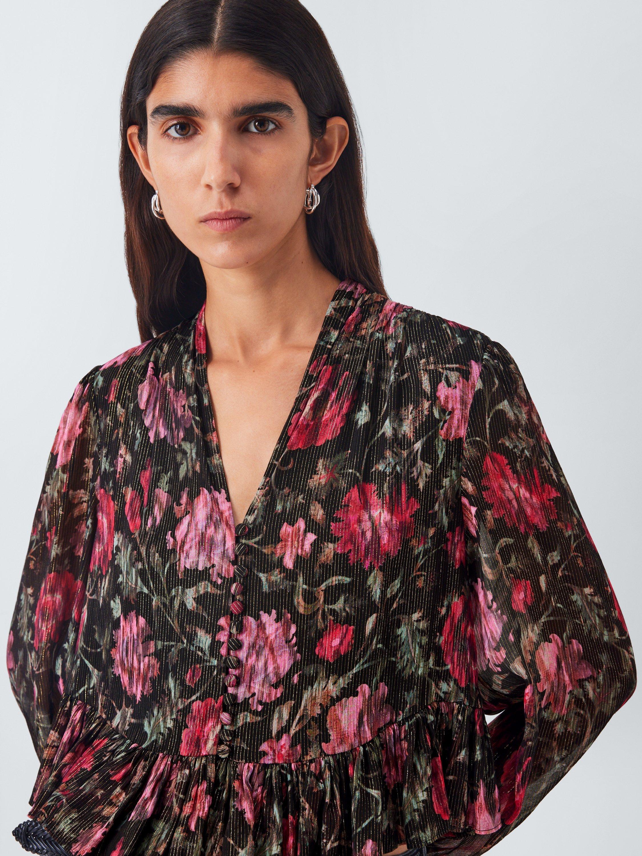Product image 5 of 6, which shows AND/OR Floral Metallic Crop Ruffle Top, Black/Pink, 6