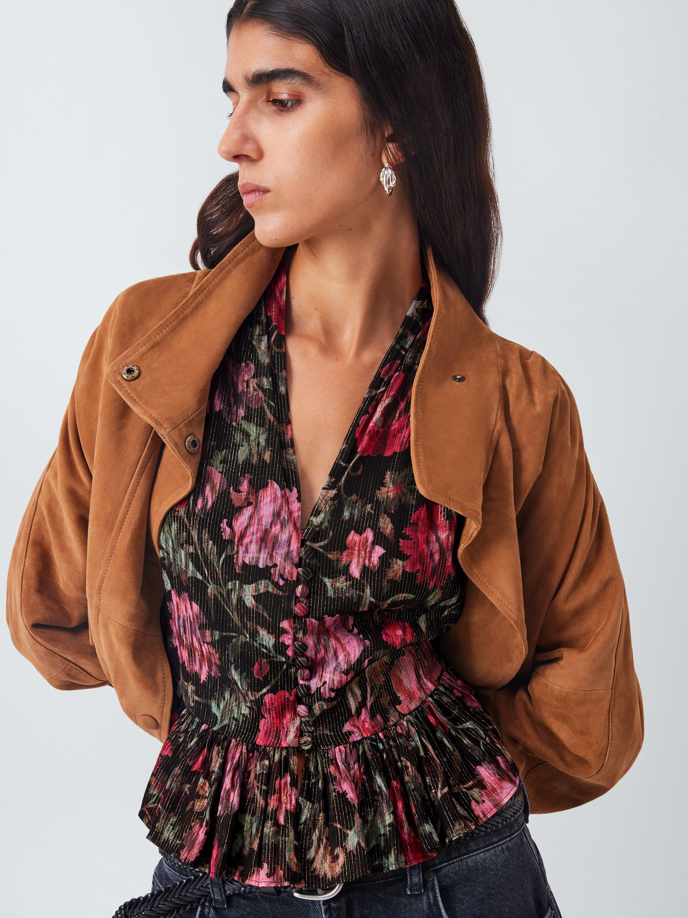 Product image 6 of 6, which shows AND/OR Floral Metallic Crop Ruffle Top, Black/Pink, 6