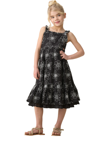 Angel & Rocket Kids' Embroidered Floral Dress, Black/White, Black/White