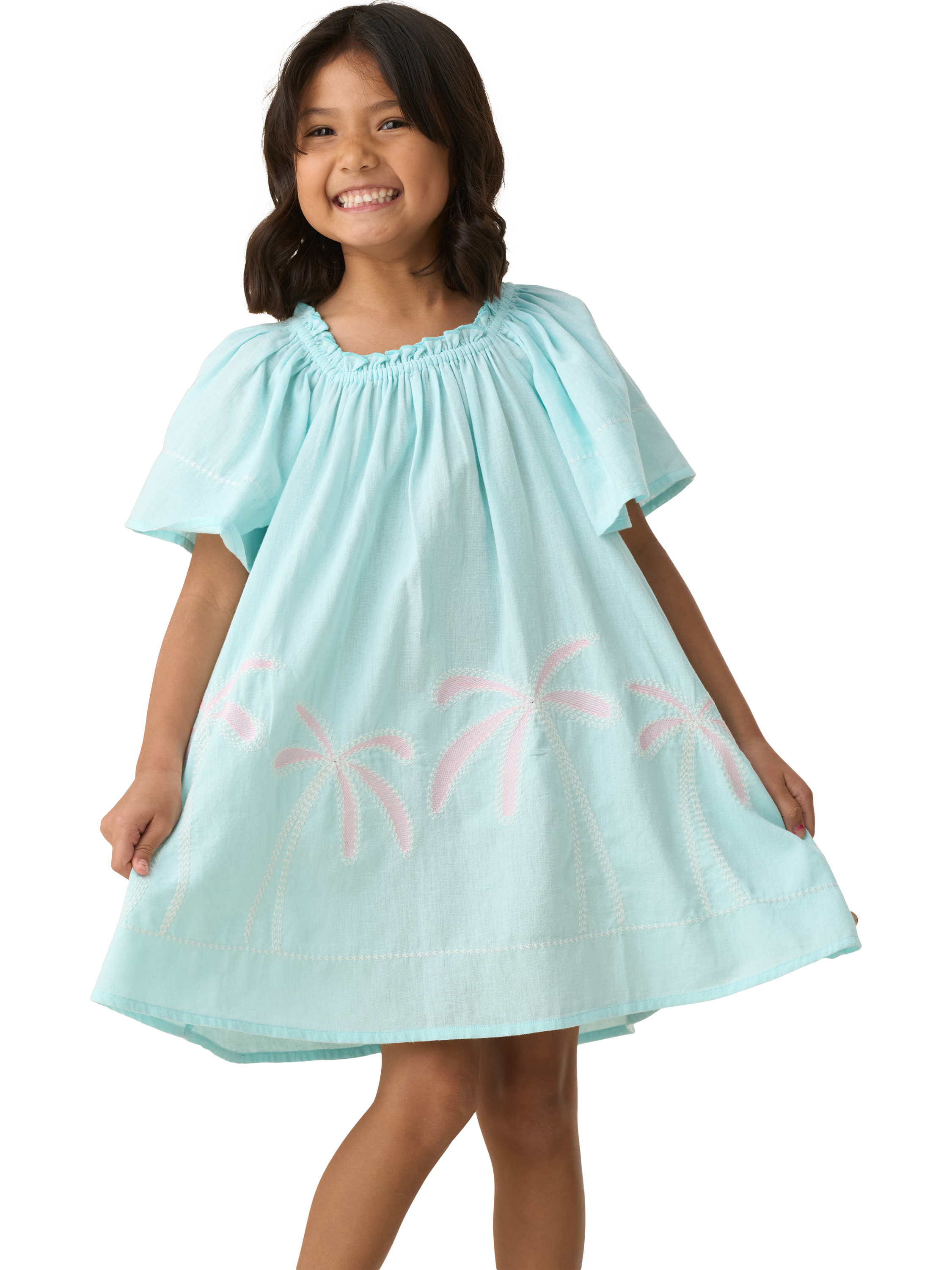 Product image 1 of 9, which shows Angel & Rocket Kids' Embroidered Palm Trees Sundress, Blue/Multi, 3 years