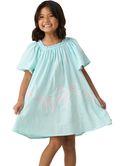 Angel & Rocket Kids' Embroidered Palm Trees Sundress, Blue/Multi, Blue/Multi