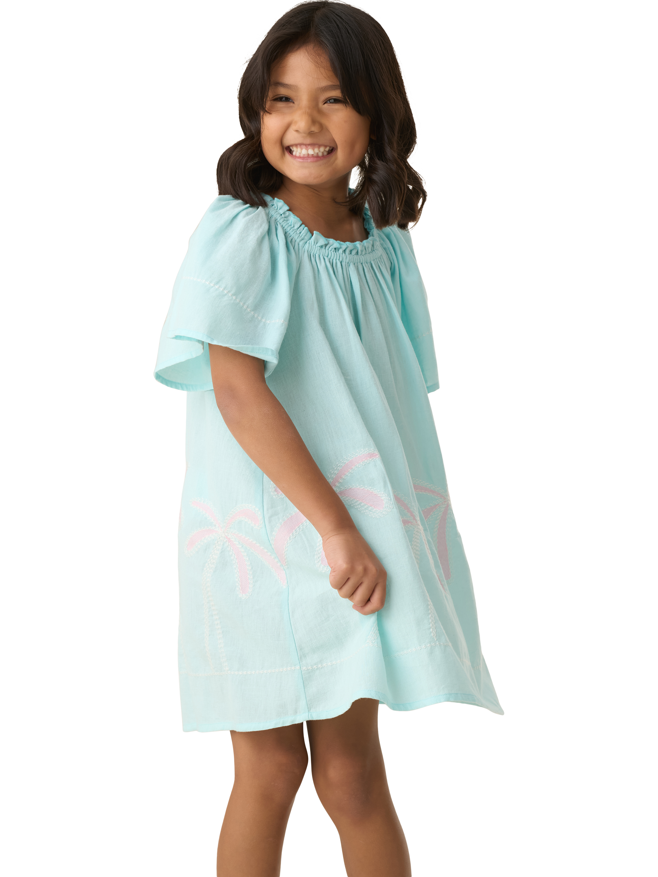 Product image 2 of 9, which shows Angel & Rocket Kids' Embroidered Palm Trees Sundress, Blue/Multi, 3 years