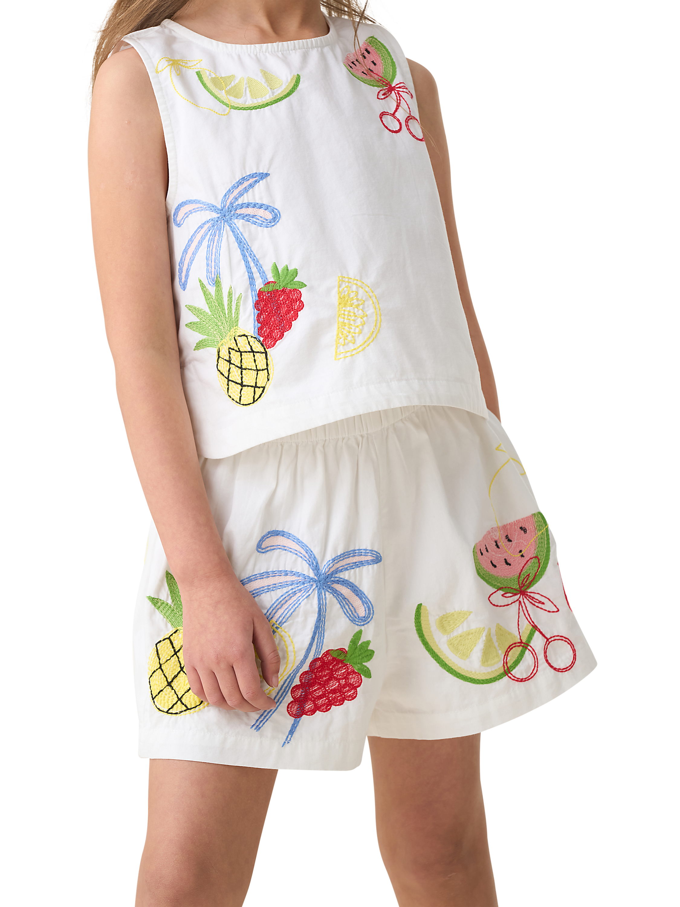 Product image 2 of 7, which shows Angel & Rocket Kids' Embroidered Fruit Shorts, White/Multi, 12-18 months