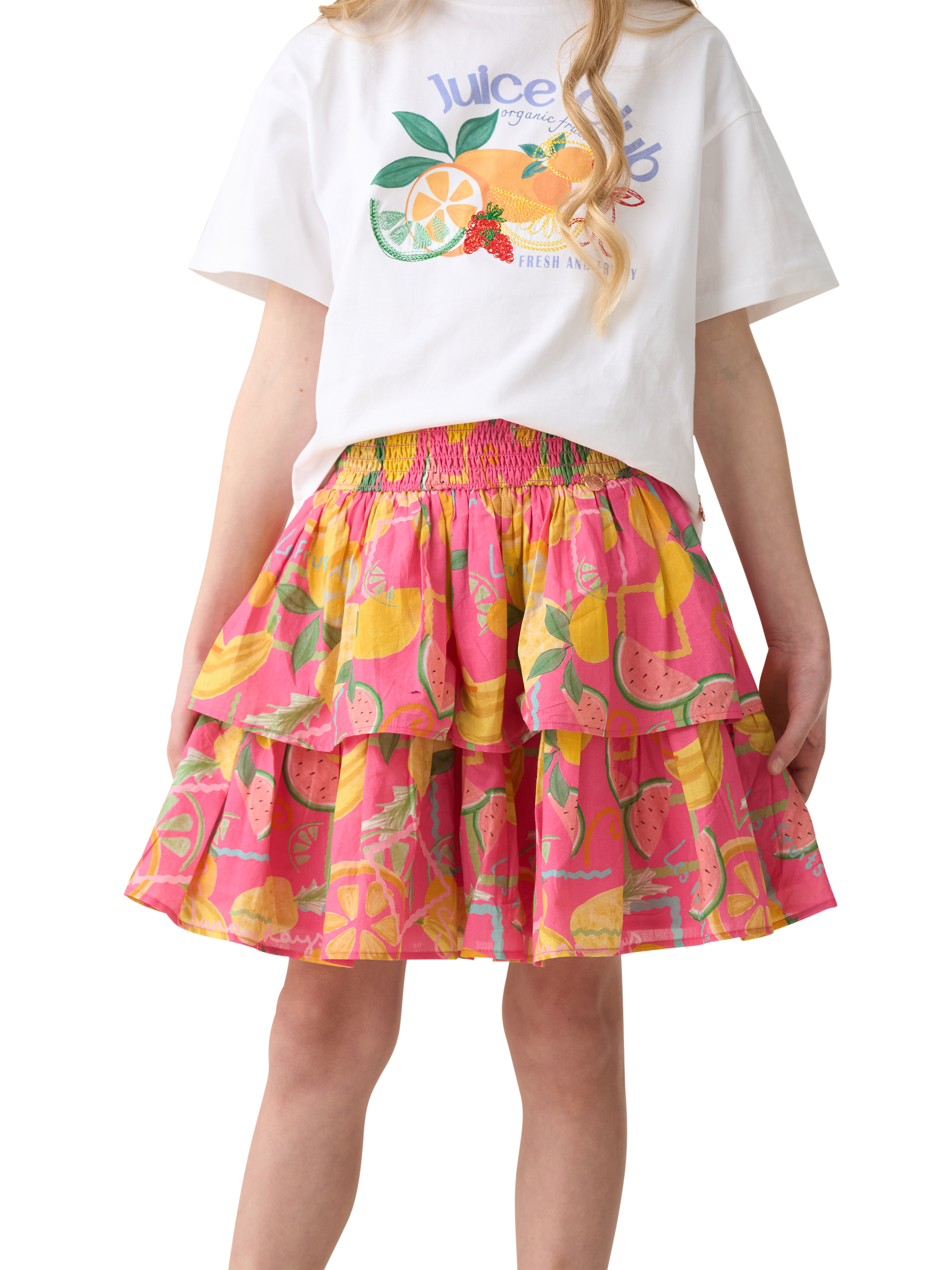 Product image 1 of 7, which shows Angel & Rocket Kids' Tiered Fruit Print Skirt, Pink/Multi, 3 years