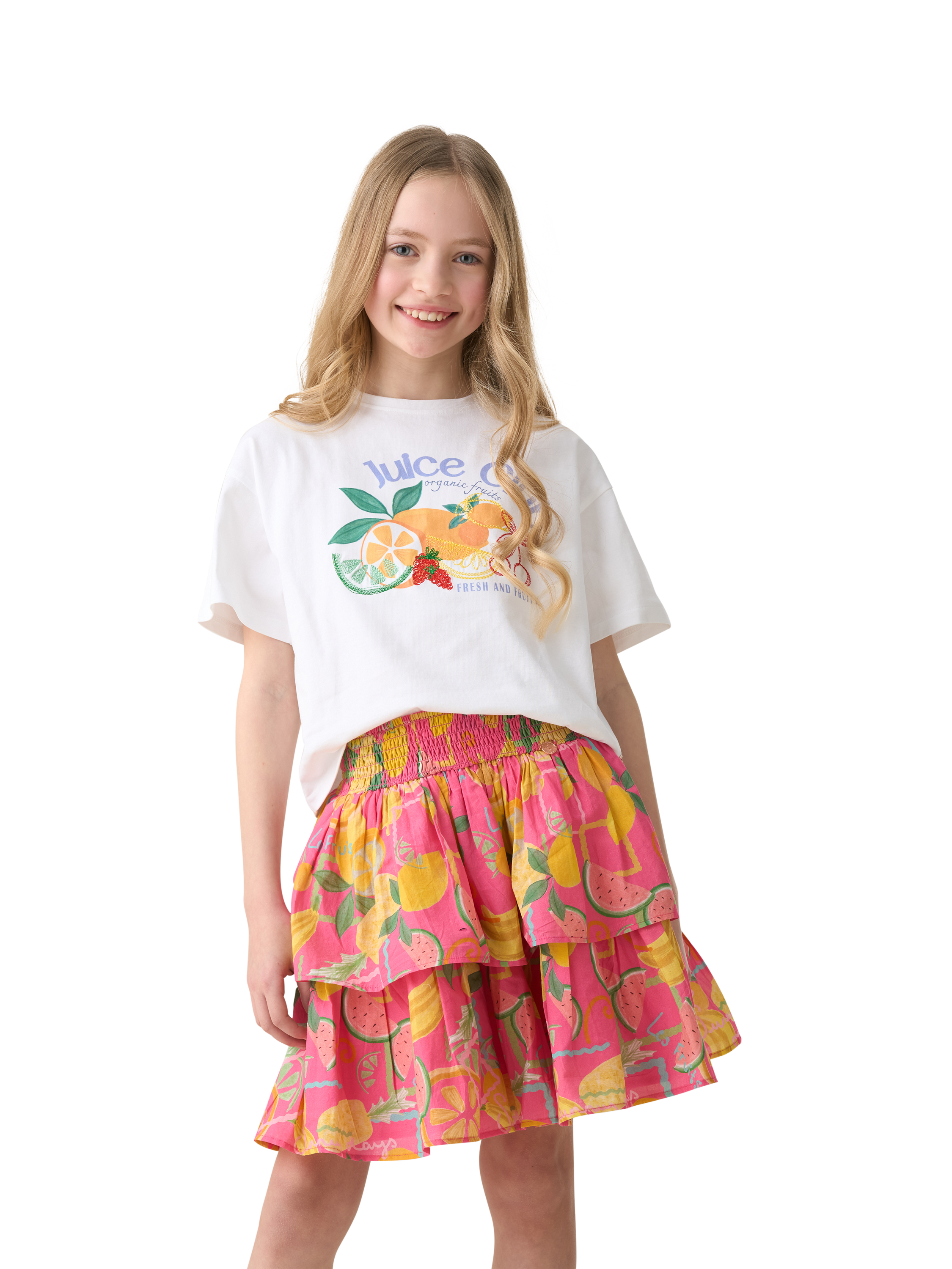 Product image 2 of 7, which shows Angel & Rocket Kids' Tiered Fruit Print Skirt, Pink/Multi, 3 years