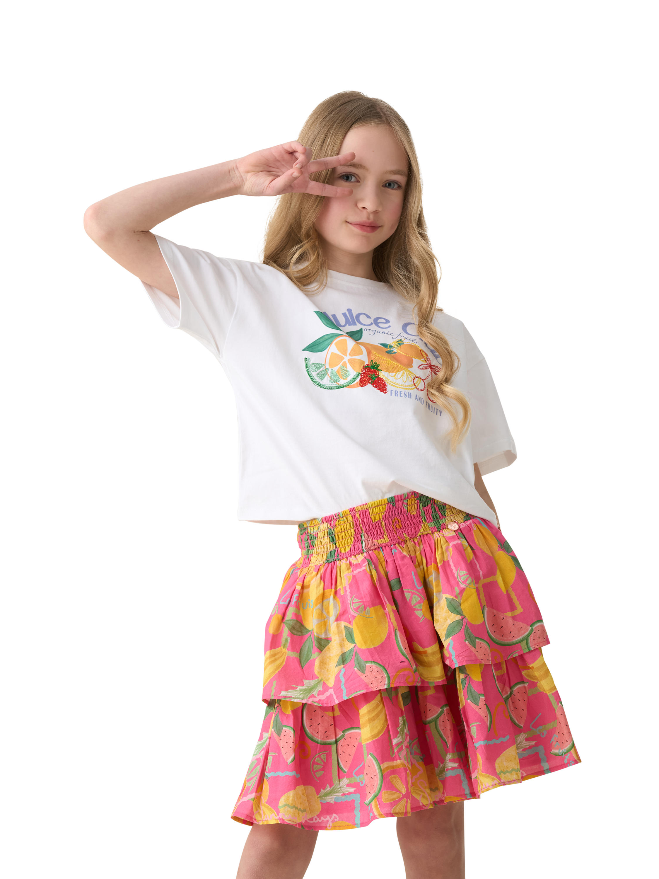 Product image 3 of 7, which shows Angel & Rocket Kids' Tiered Fruit Print Skirt, Pink/Multi, 3 years