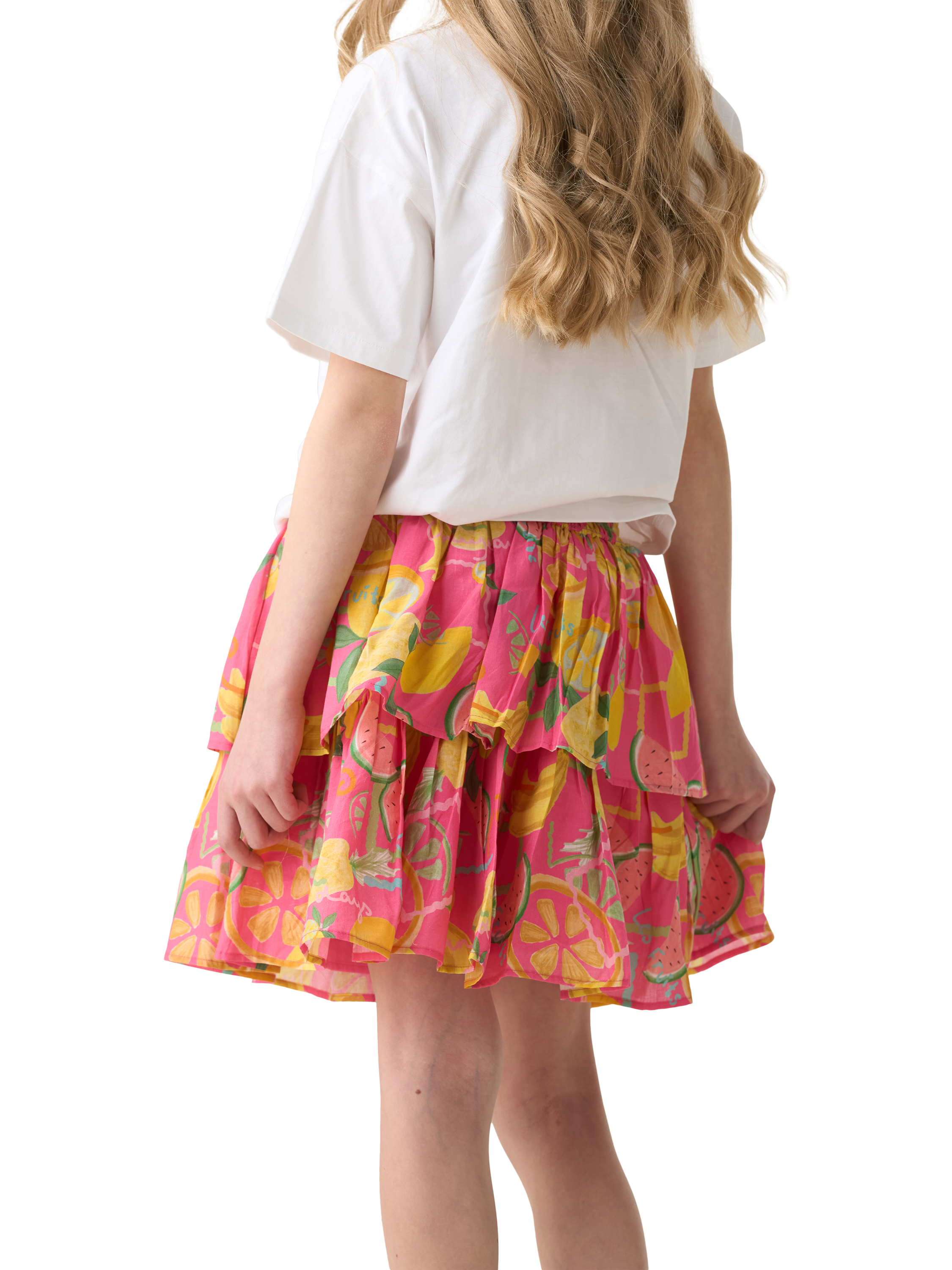 Product image 4 of 7, which shows Angel & Rocket Kids' Tiered Fruit Print Skirt, Pink/Multi, 3 years