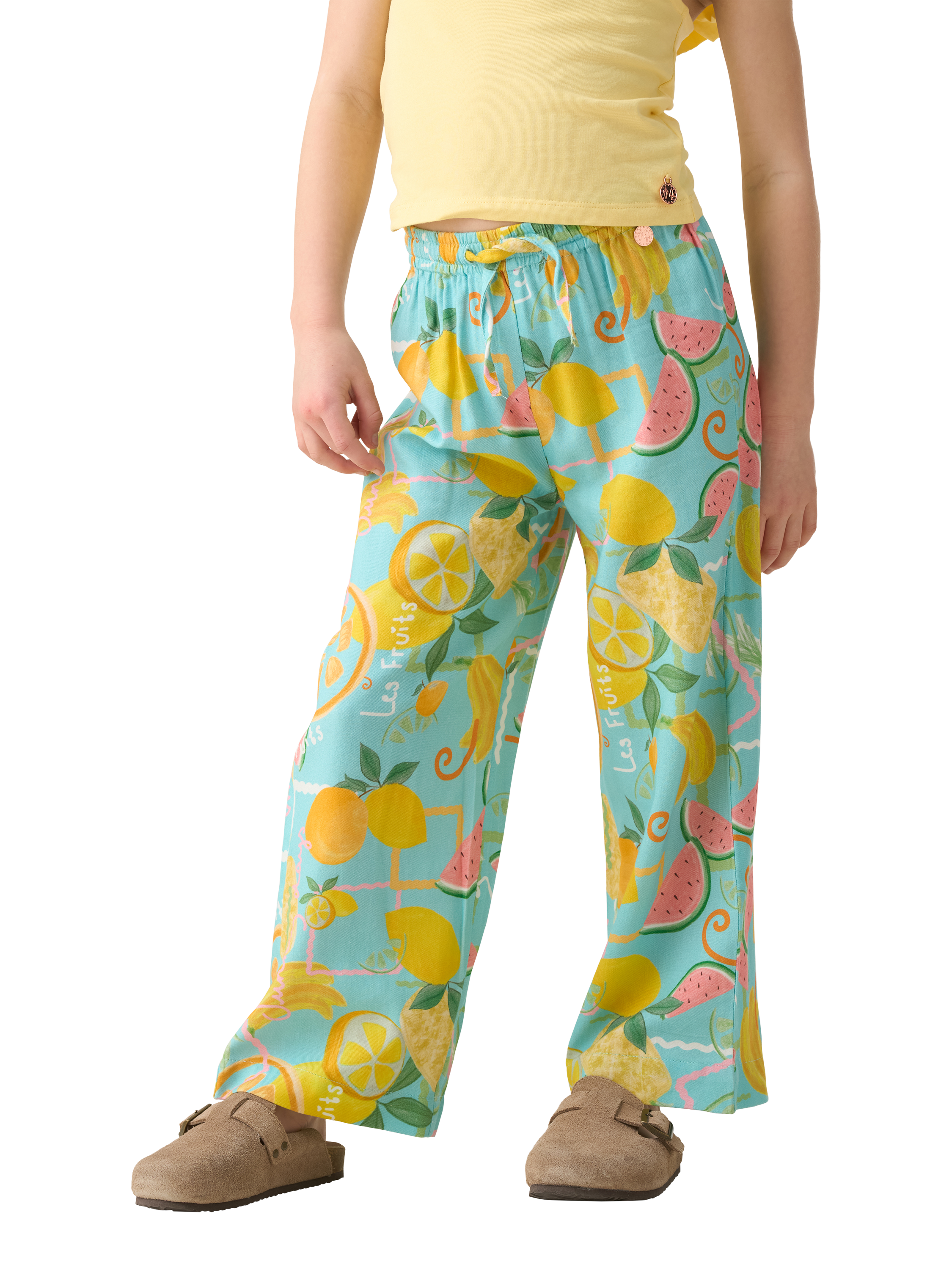 Product image 1 of 6, which shows Angel & Rocket Kids' Fruit Print Trousers, Blue/Multi, 3 years
