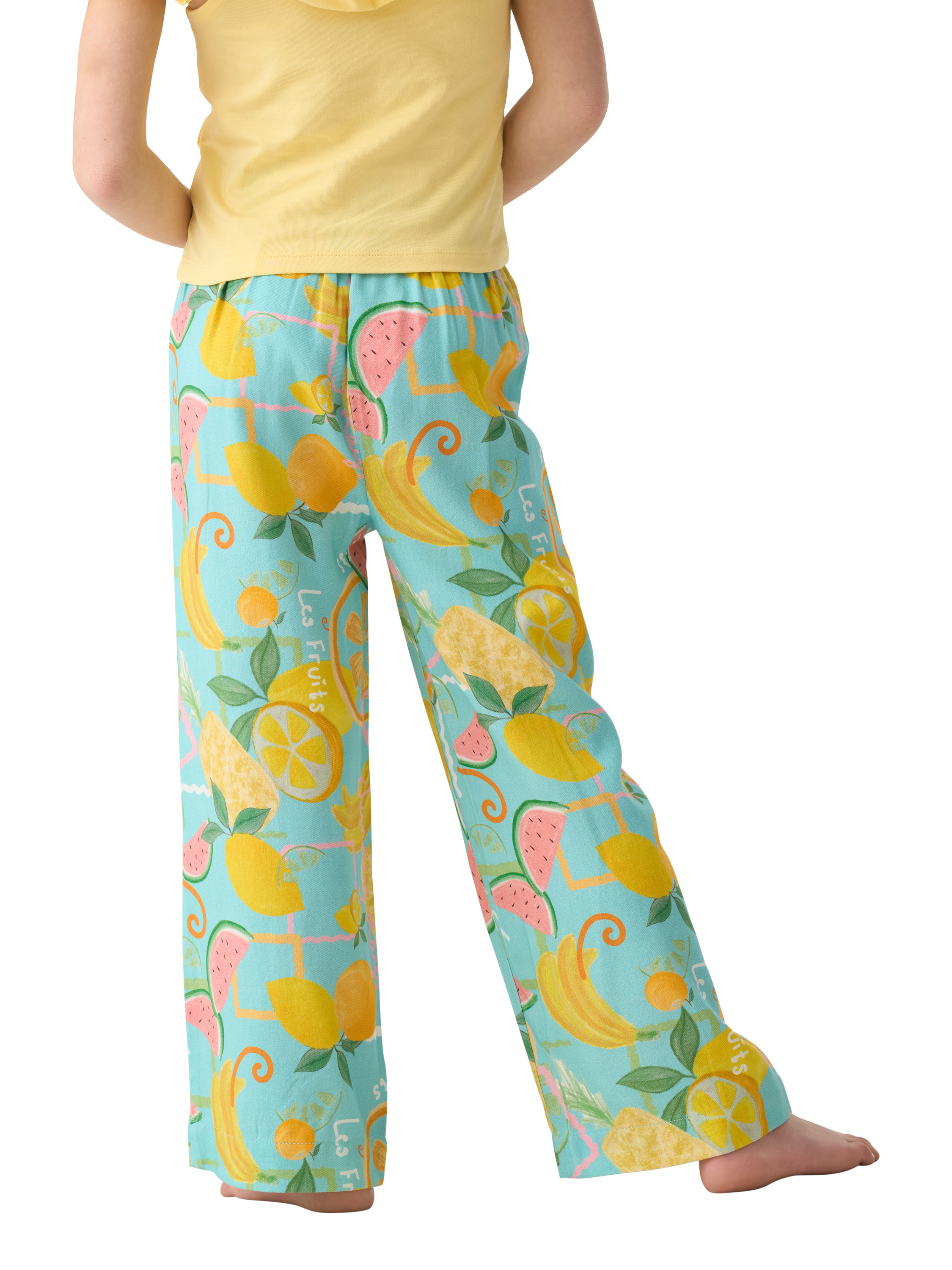 Product image 2 of 6, which shows Angel & Rocket Kids' Fruit Print Trousers, Blue/Multi, 3 years