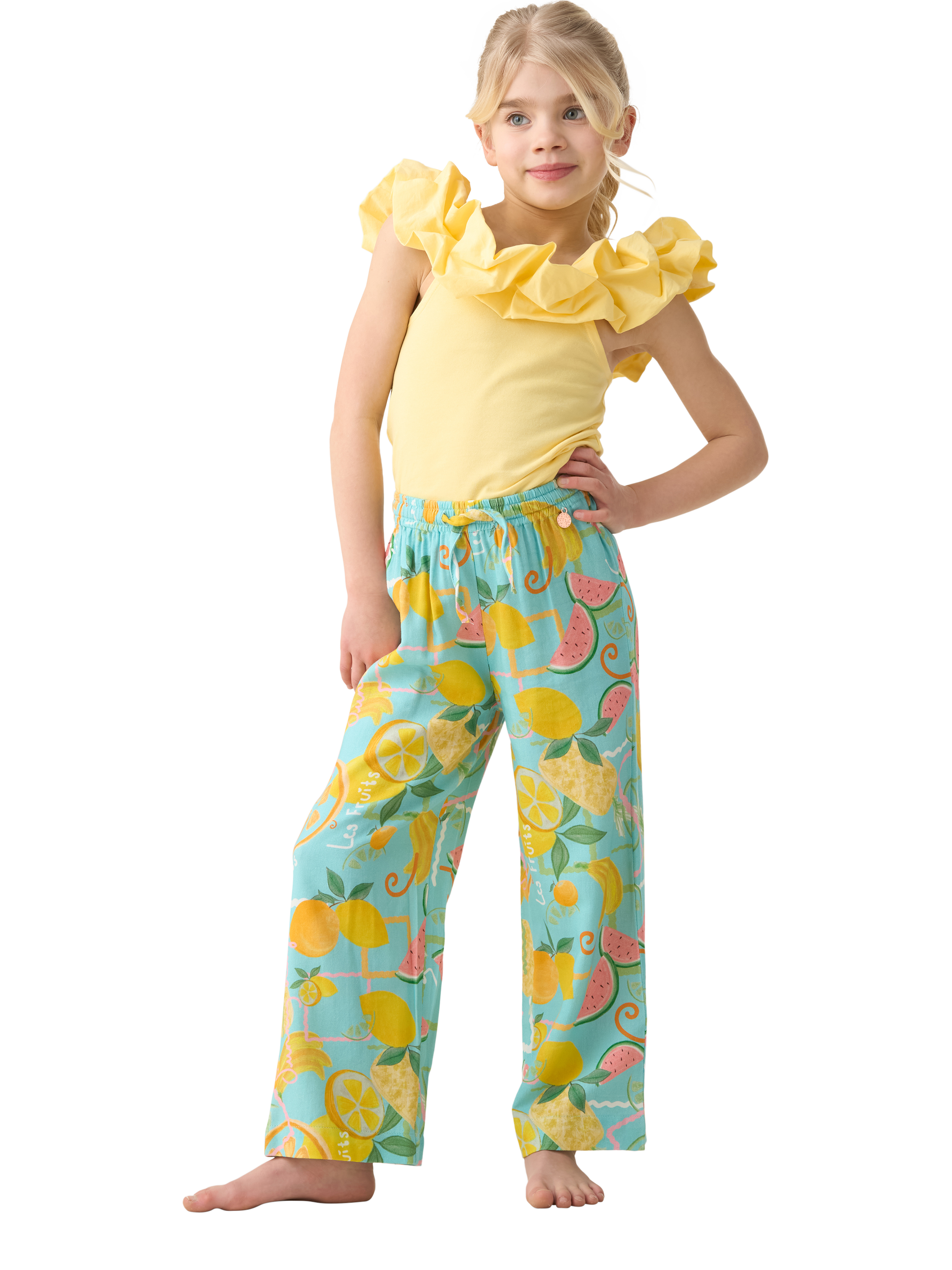 Product image 3 of 6, which shows Angel & Rocket Kids' Fruit Print Trousers, Blue/Multi, 3 years