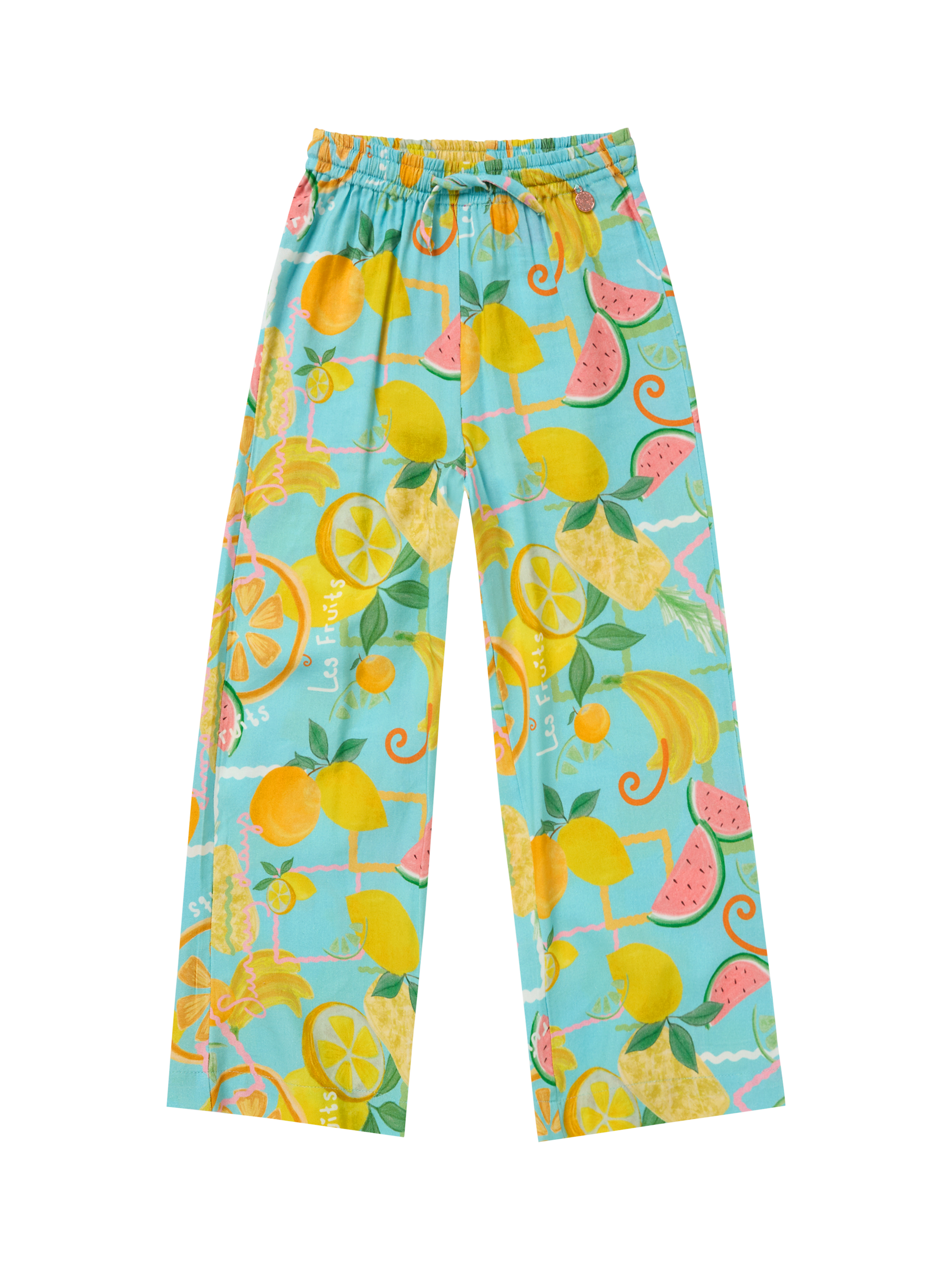 Product image 4 of 6, which shows Angel & Rocket Kids' Fruit Print Trousers, Blue/Multi, 3 years