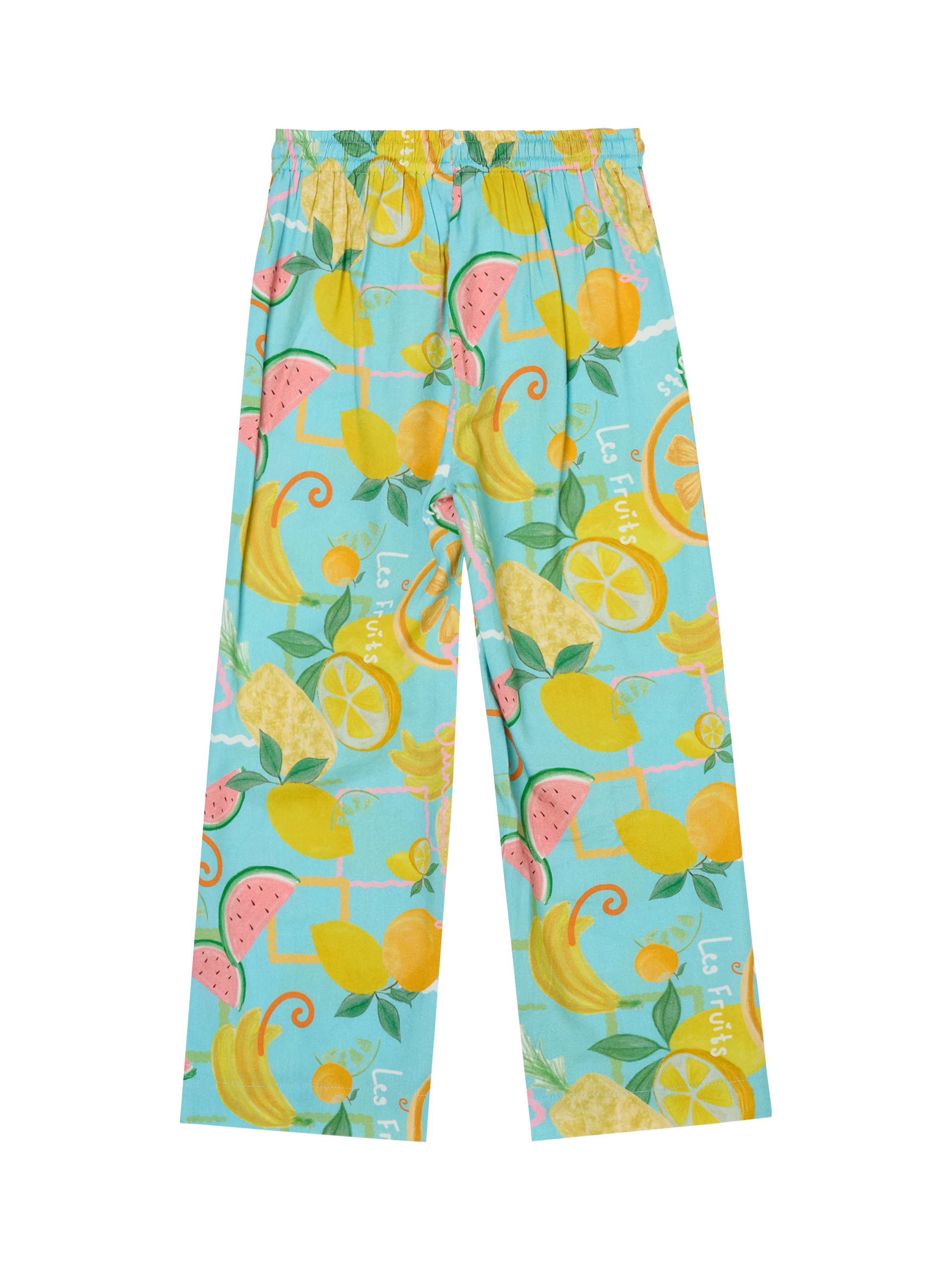 Product image 5 of 6, which shows Angel & Rocket Kids' Fruit Print Trousers, Blue/Multi, 3 years