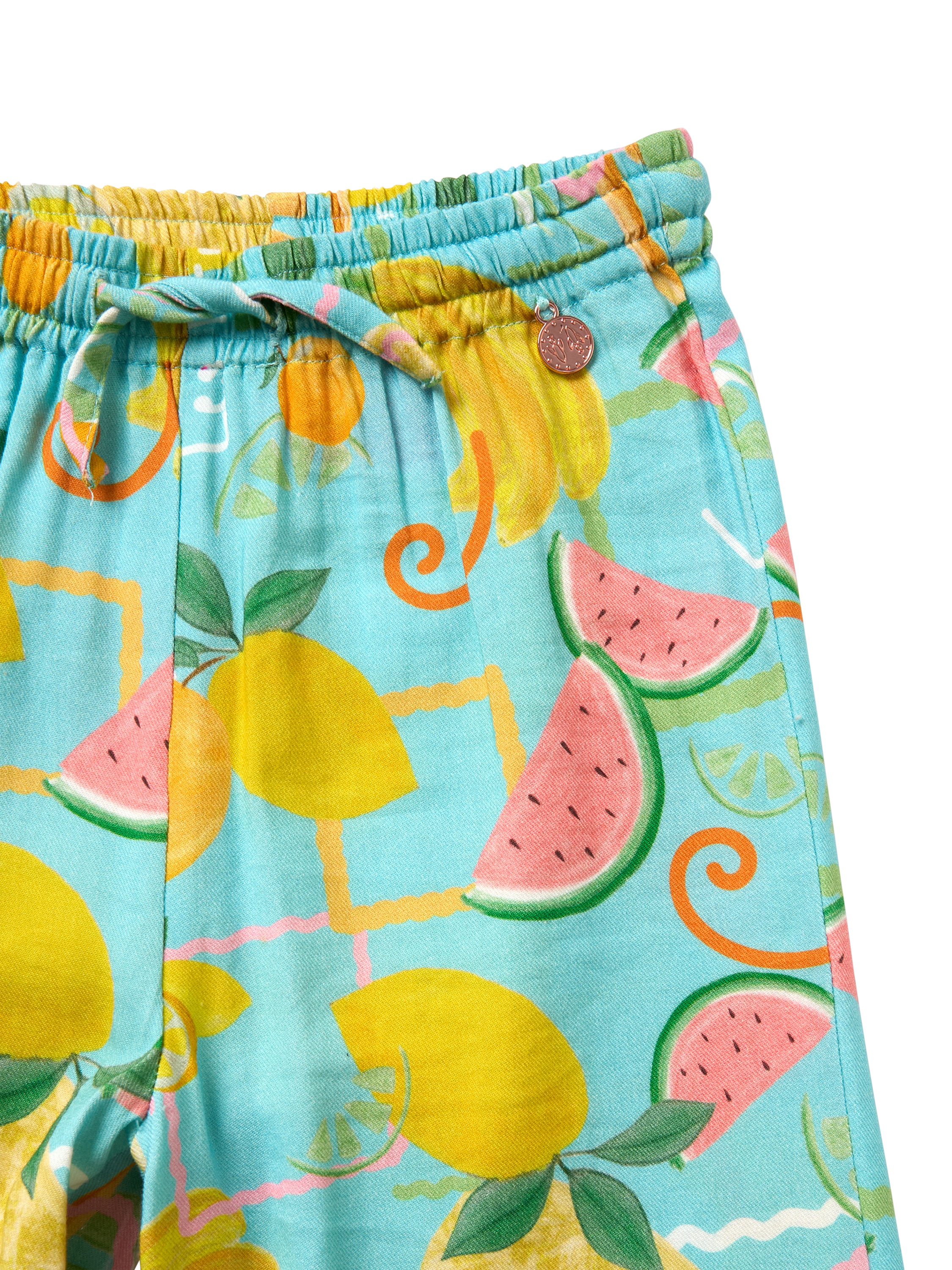 Product image 6 of 6, which shows Angel & Rocket Kids' Fruit Print Trousers, Blue/Multi, 3 years