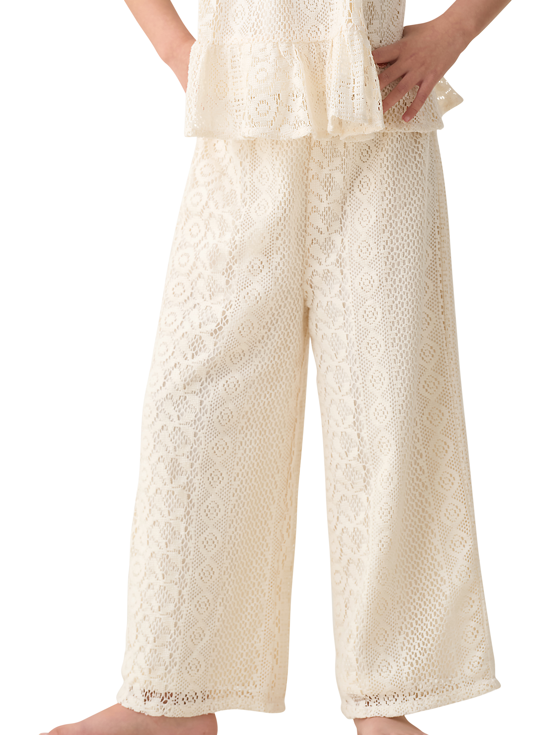 Product image 1 of 6, which shows Angel & Rocket Kids' Jersey Crochet Trousers, Cream, 3 years