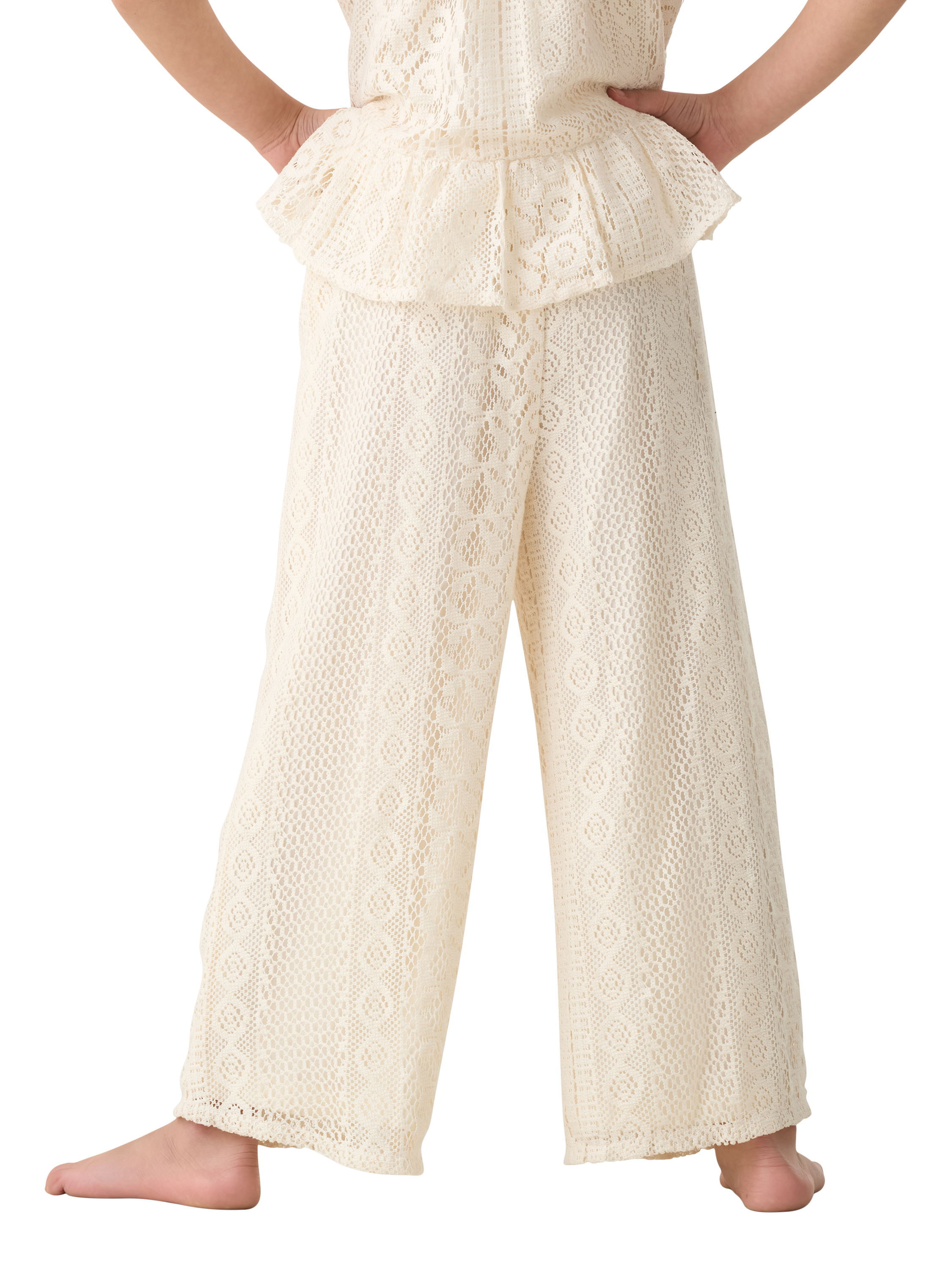 Product image 2 of 6, which shows Angel & Rocket Kids' Jersey Crochet Trousers, Cream, 3 years