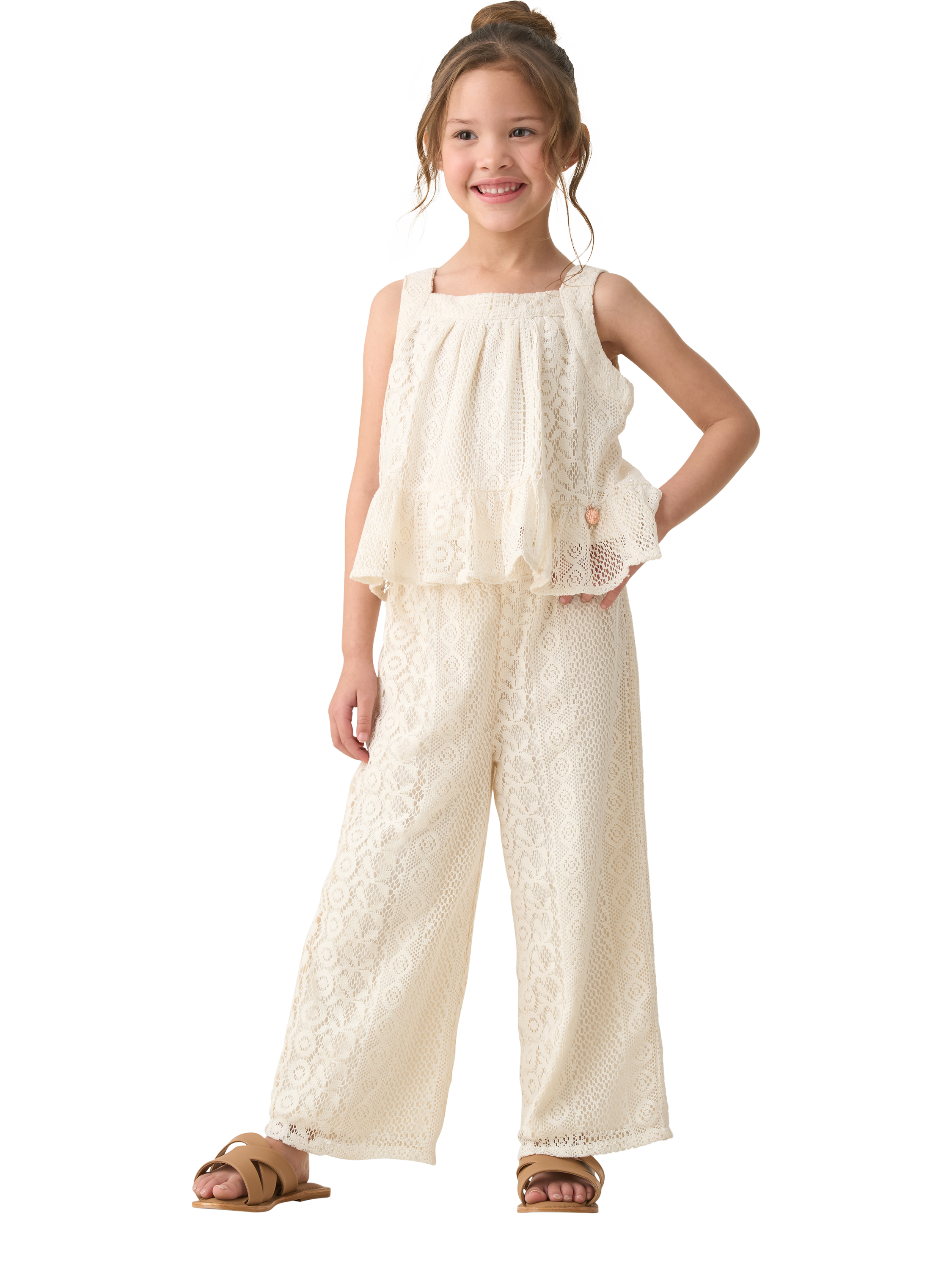 Product image 3 of 6, which shows Angel & Rocket Kids' Jersey Crochet Trousers, Cream, 3 years