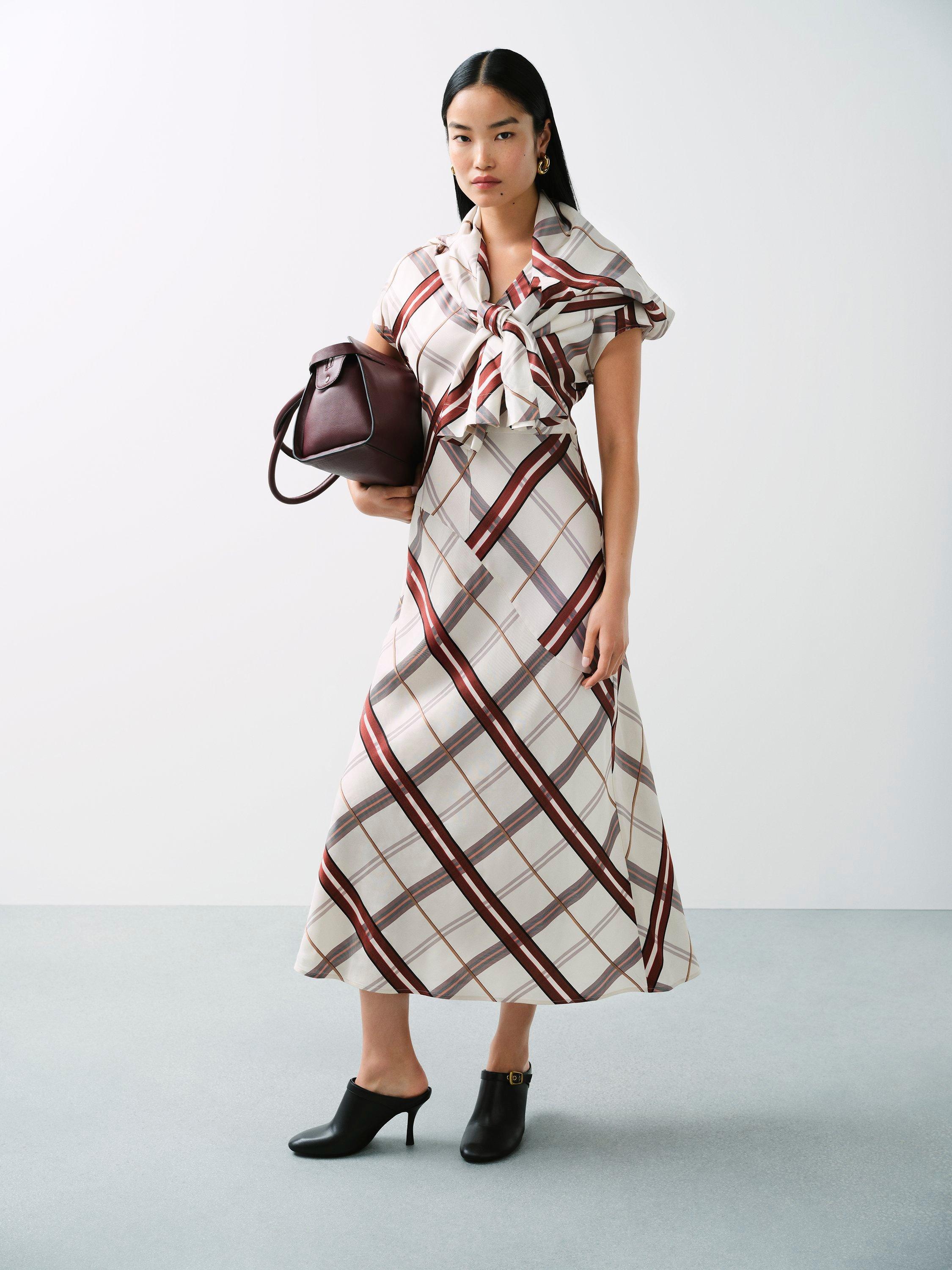 Product image 2 of 8, which shows John Lewis Asymmetric Pattern Cap Sleeve Check Midi Dress, Multi, 8