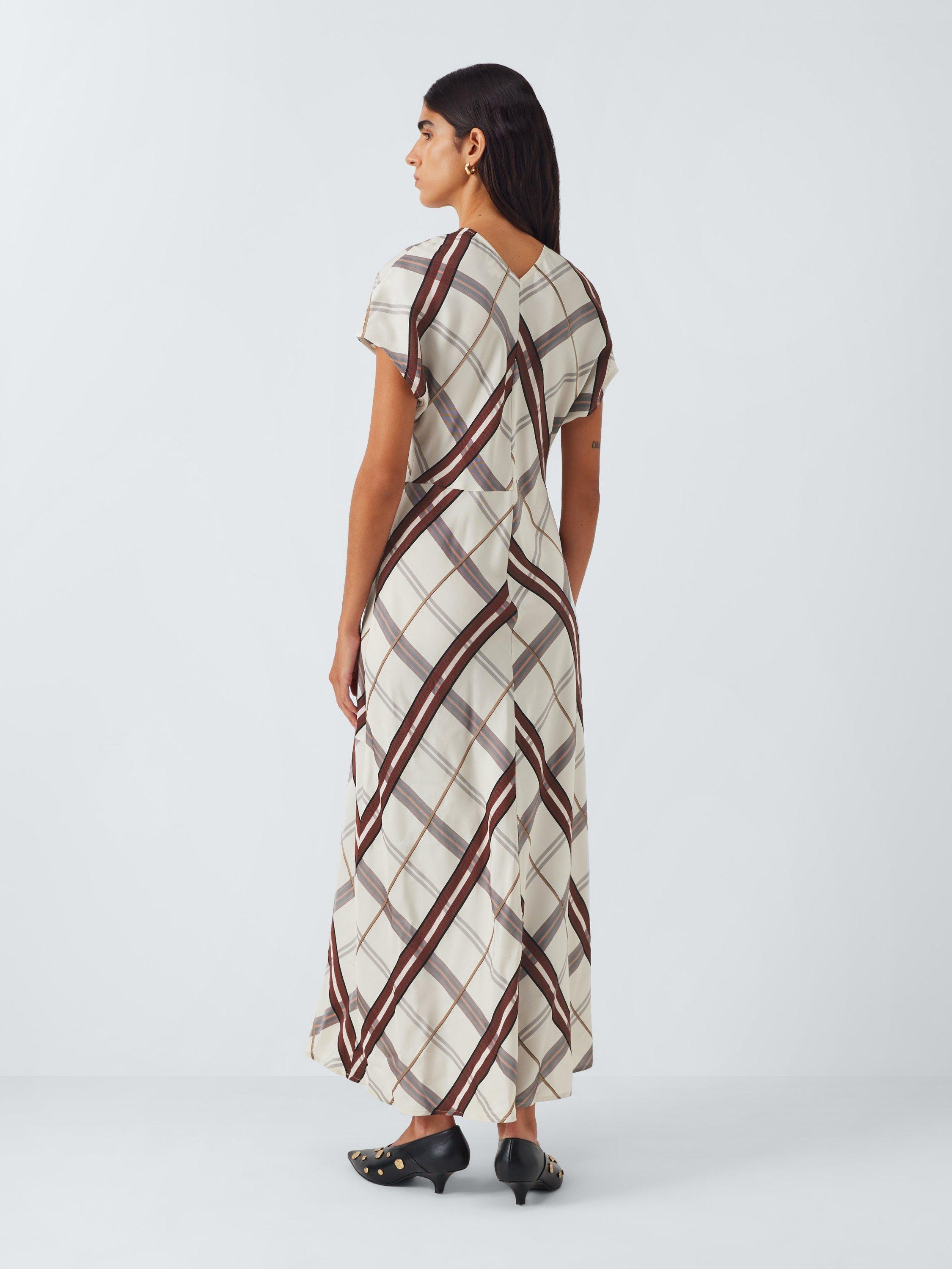 Product image 4 of 8, which shows John Lewis Asymmetric Pattern Cap Sleeve Check Midi Dress, Multi, 8