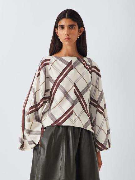 John Lewis Wide Sleeve Check Top, Multi, Multi