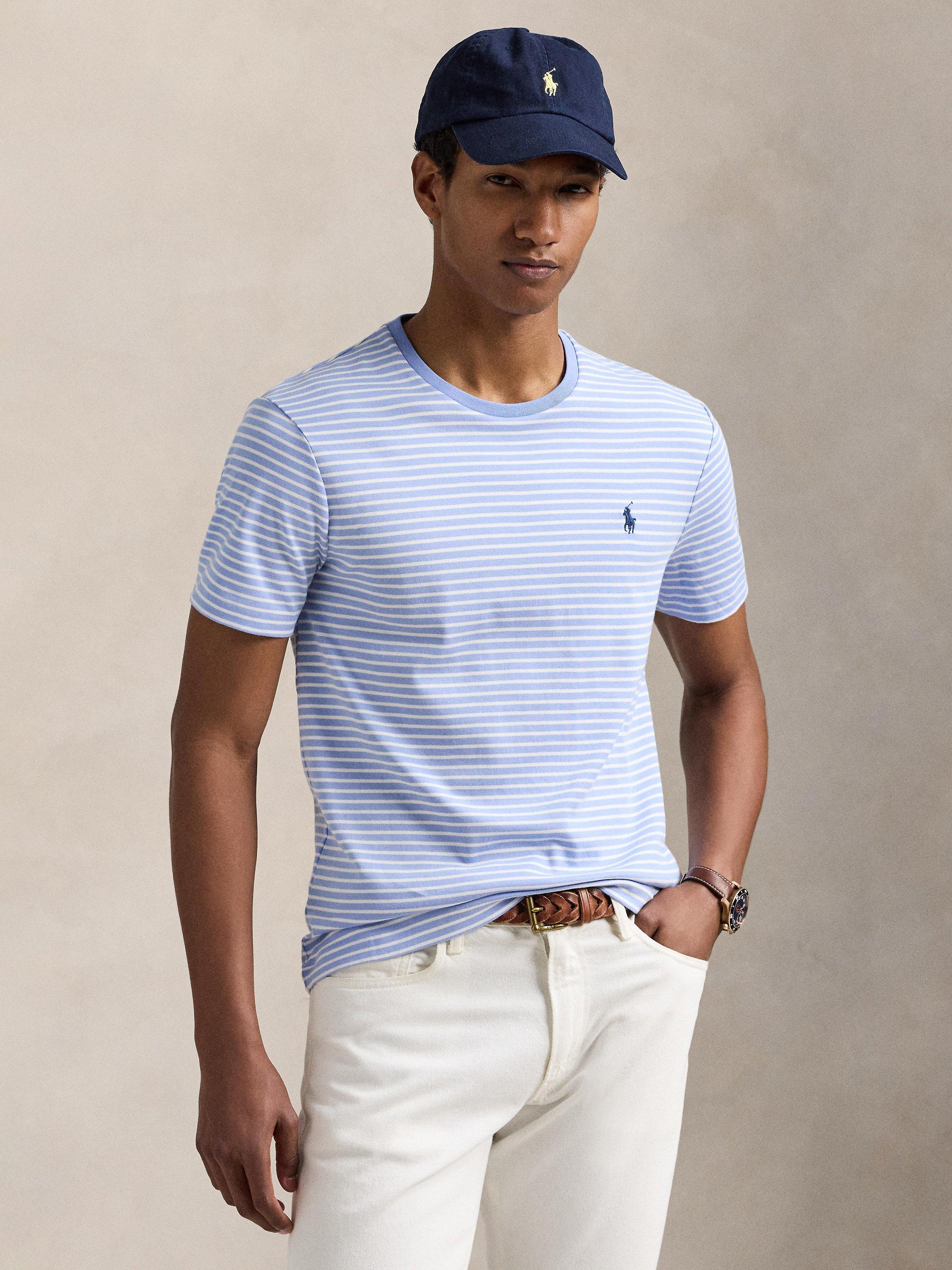 Product image 1 of 5, which shows Polo Ralph Lauren Cotton Custom Slim Fit Short Sleeve Stripe T-Shirt, Dress Shirt Blue/Wh, S