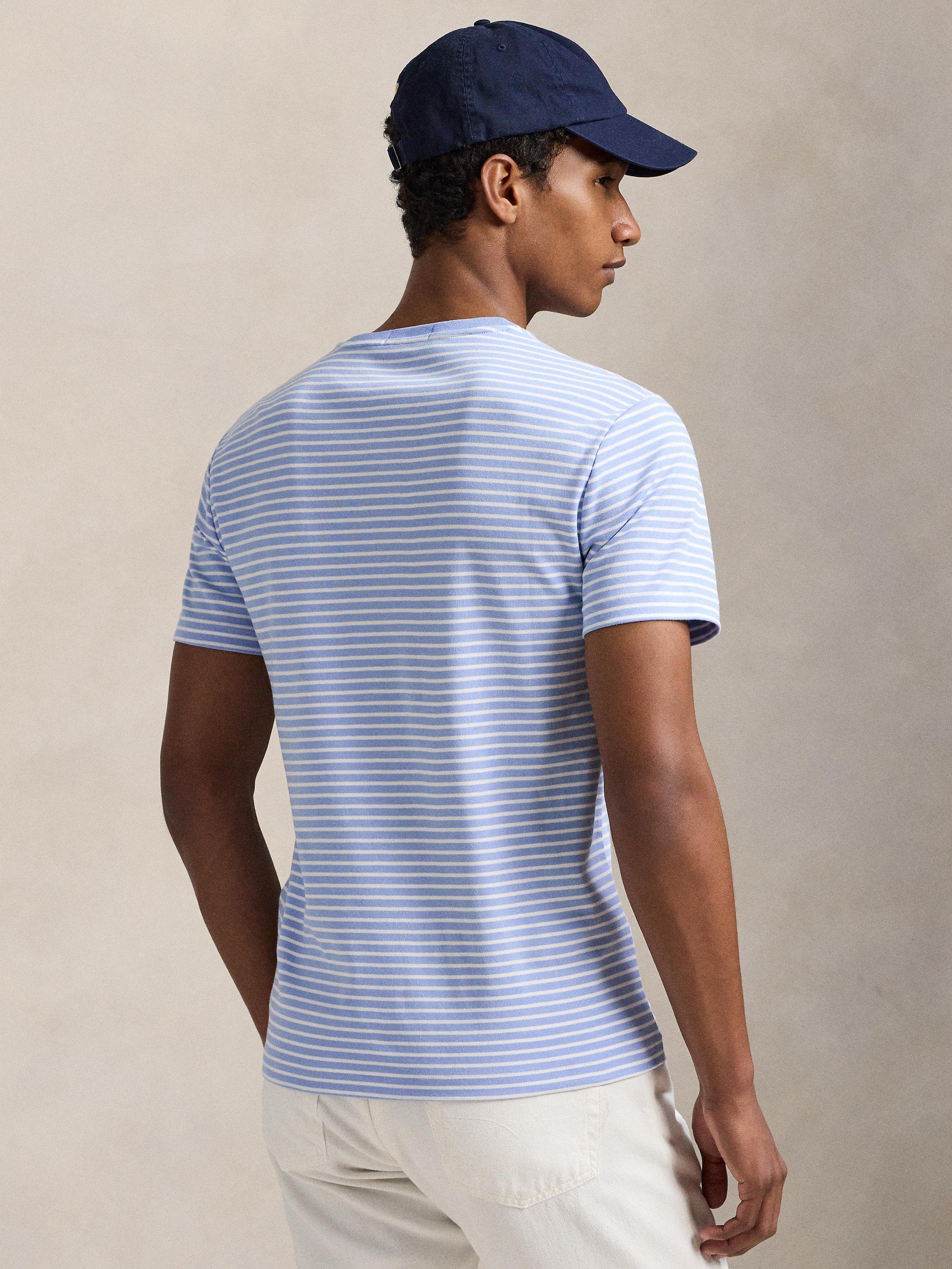 Product image 2 of 5, which shows Polo Ralph Lauren Cotton Custom Slim Fit Short Sleeve Stripe T-Shirt, Dress Shirt Blue/Wh, S