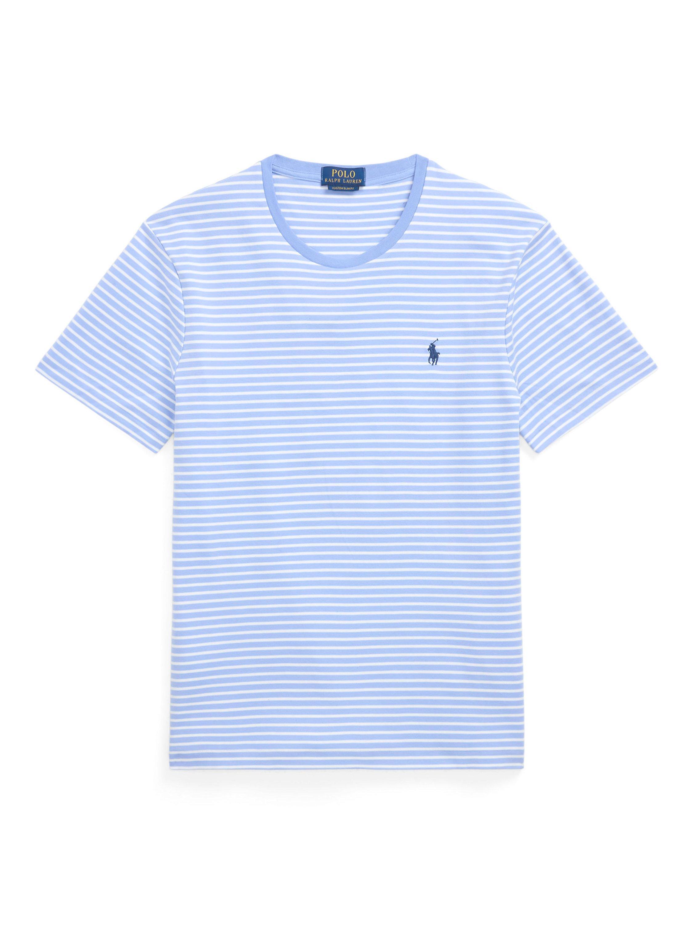Product image 5 of 5, which shows Polo Ralph Lauren Cotton Custom Slim Fit Short Sleeve Stripe T-Shirt, Dress Shirt Blue/Wh, S