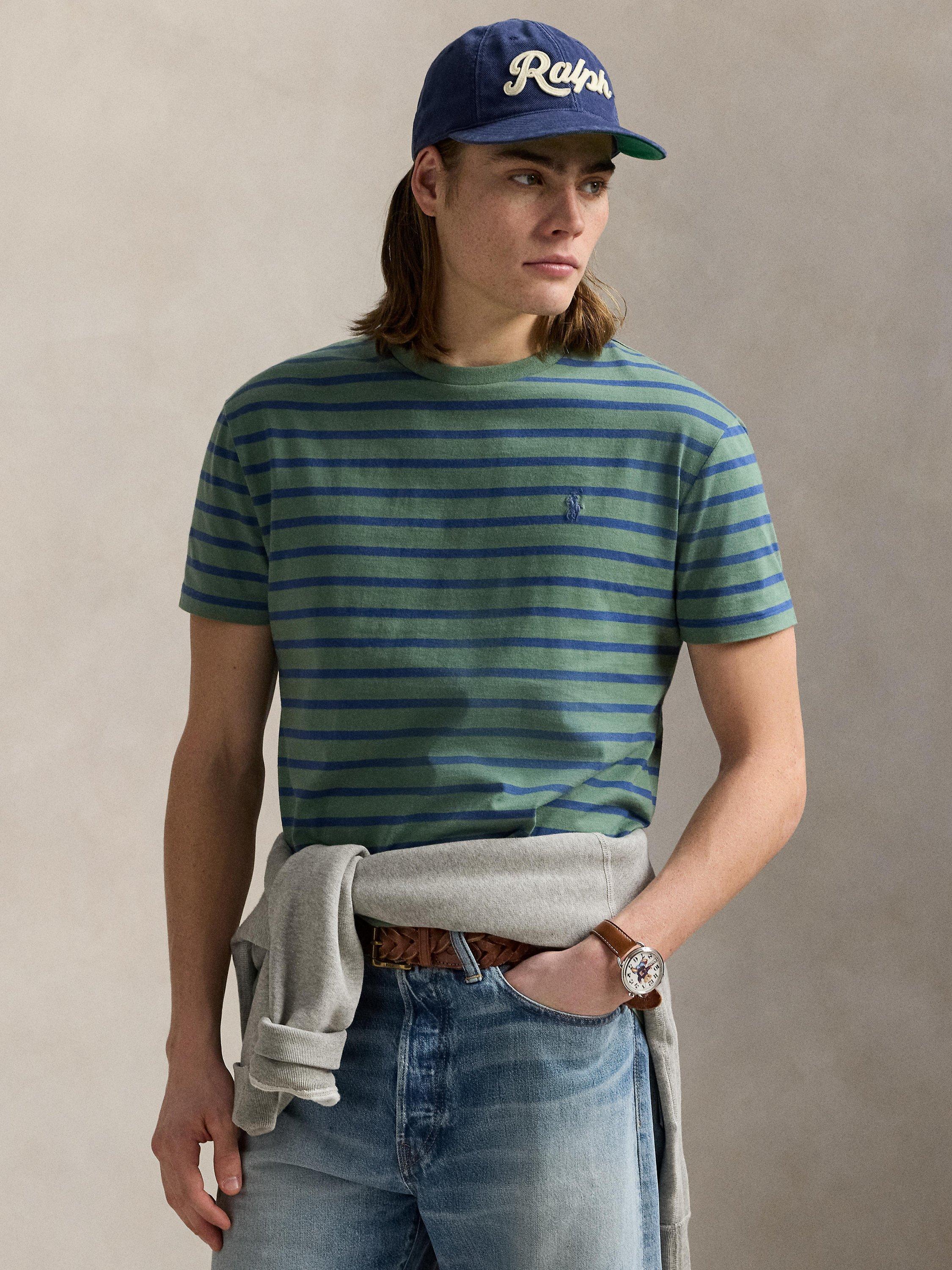Product image 1 of 5, which shows Polo Ralph Lauren Cotton Custom Slim Fit Stripe T-Shirt, Fatigue/Old Royal, S
