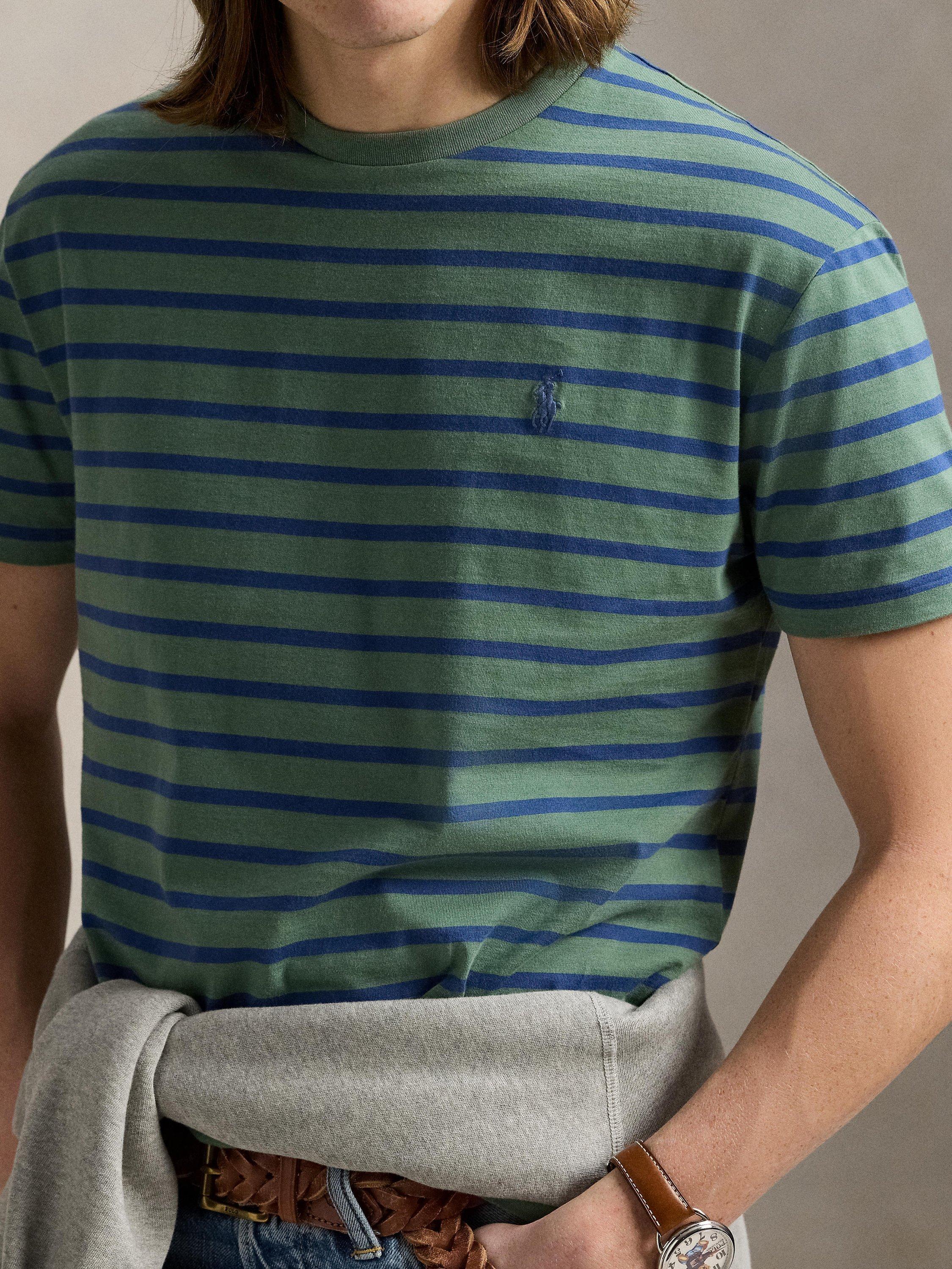 Product image 3 of 5, which shows Polo Ralph Lauren Cotton Custom Slim Fit Stripe T-Shirt, Fatigue/Old Royal, S
