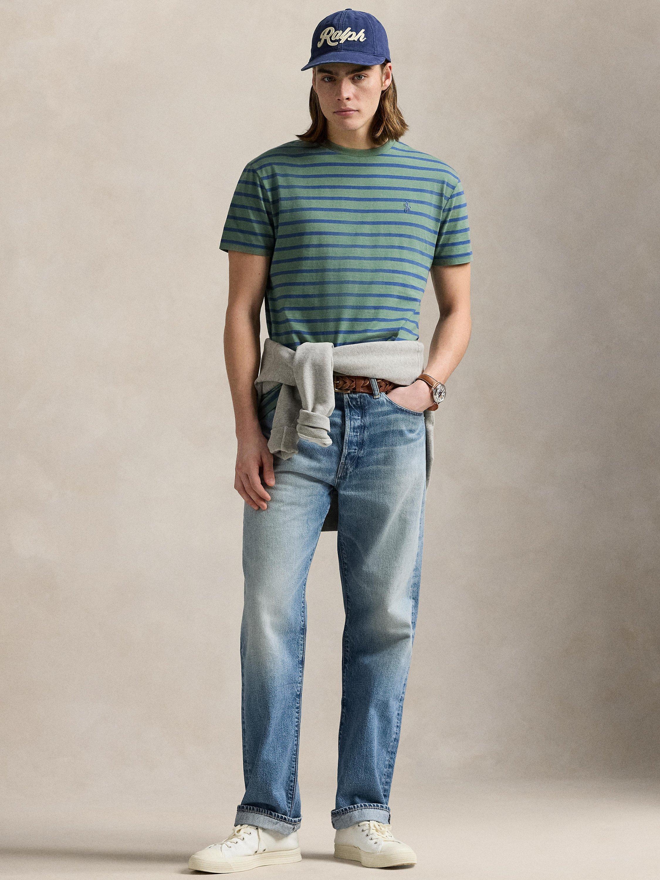 Product image 4 of 5, which shows Polo Ralph Lauren Cotton Custom Slim Fit Stripe T-Shirt, Fatigue/Old Royal, S
