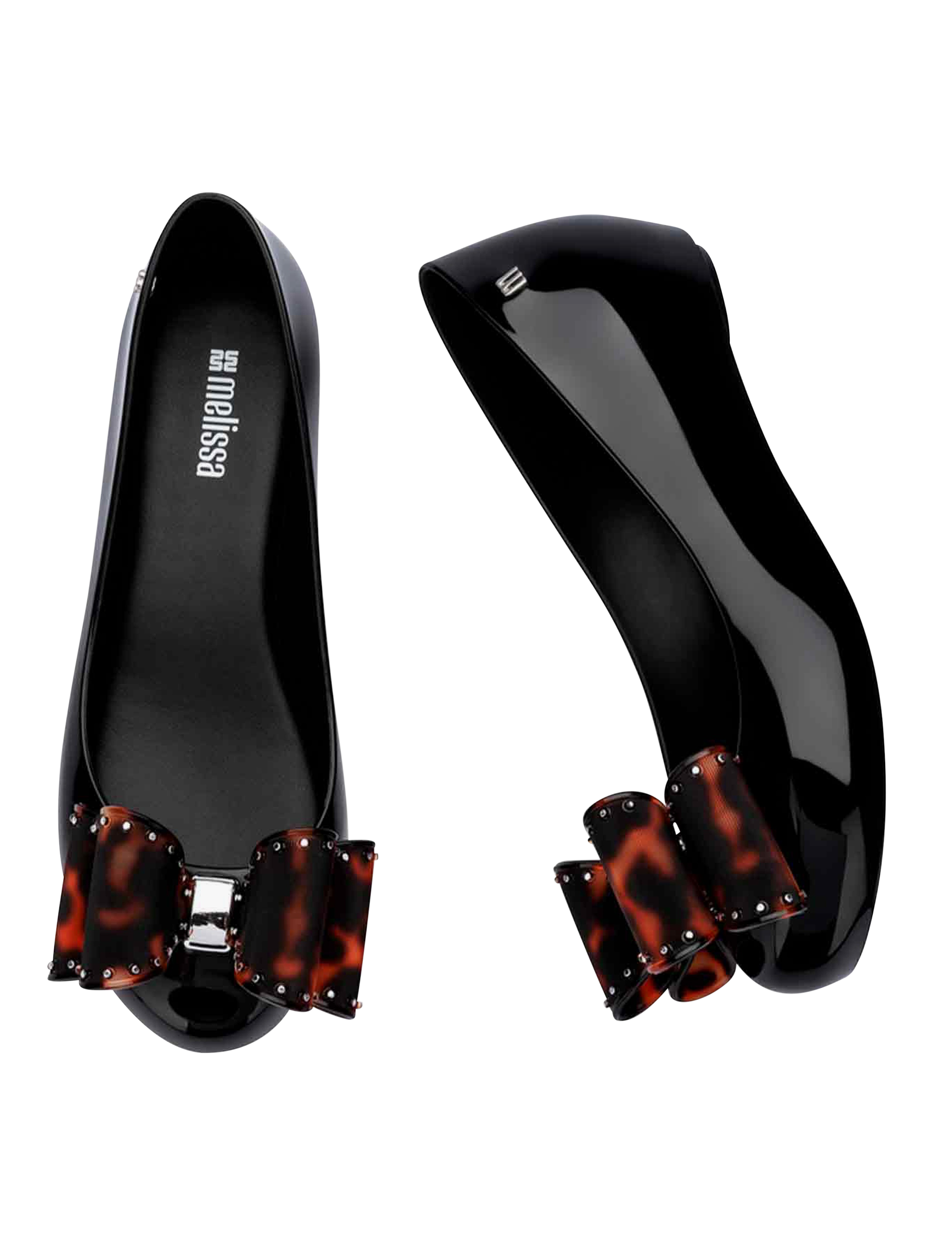 Product image 3 of 4, which shows Melissa Ultragirl Classic Bow Ballerina Pumps, Black/Tortoiseshell, 3