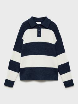 Mango Kids' Oliver Stripe Collar Neck Jumper, Medium Blue, Medium Blue
