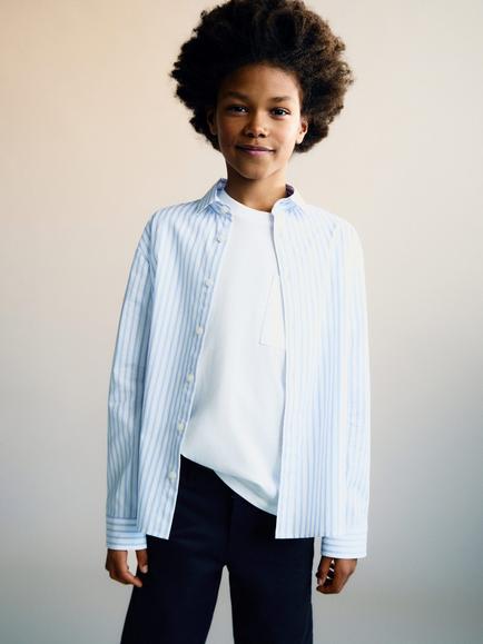 Mango Kids' Pedro Stripe Cotton Shirt, White/Blue, White/Blue