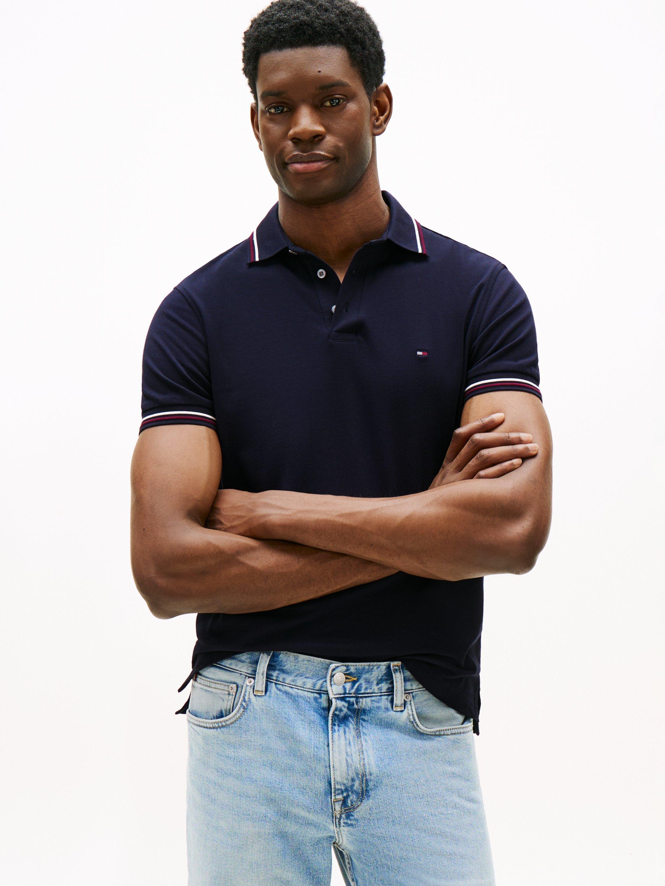 Product image 1 of 5, which shows Tommy Hilfiger Cotton Blend Slim Fit Short Sleeve Tipped Polo Shirt, Navy, XS